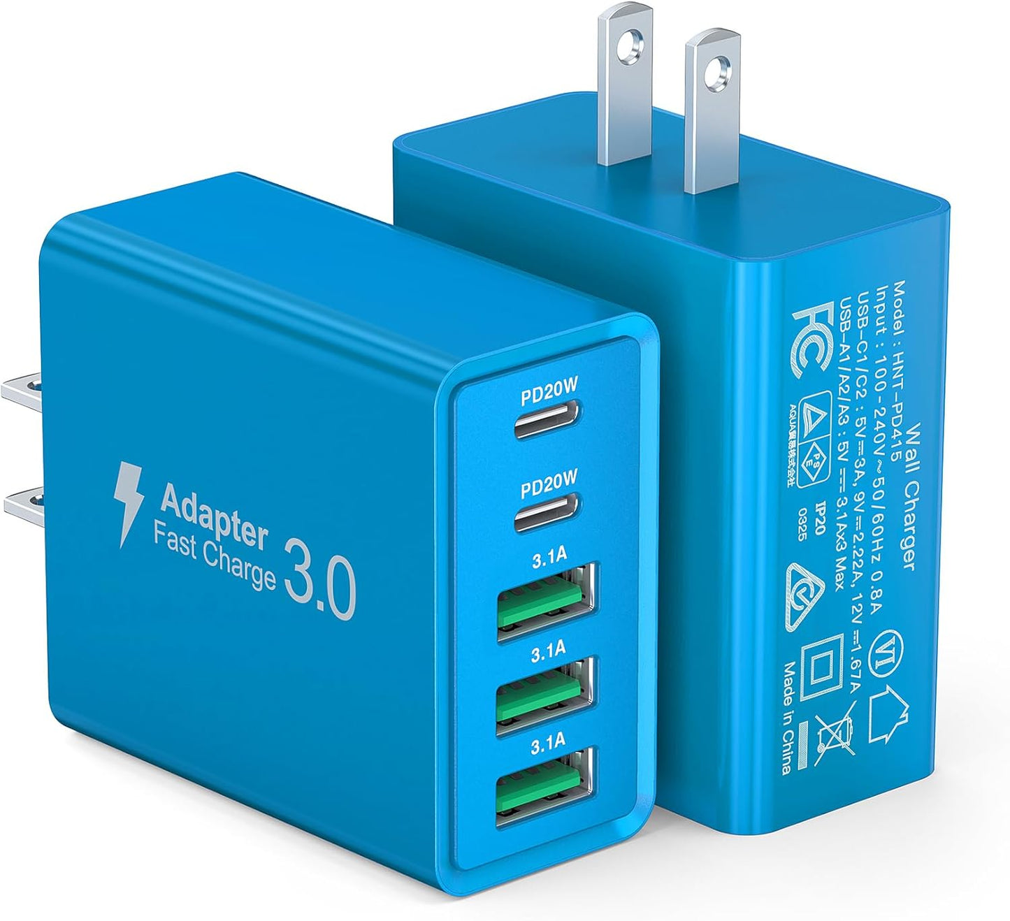 [2-Pack] USB C Wall Charger, 60W USB C Charger Block 5-Port PD Fast Charging Blocks,2USB C+3USB A Multiport Plug,Type C Power Adapter Brick Cube for iPhone17/16/15/14/Pro,iPad,Samsung,for Switch（Blue）