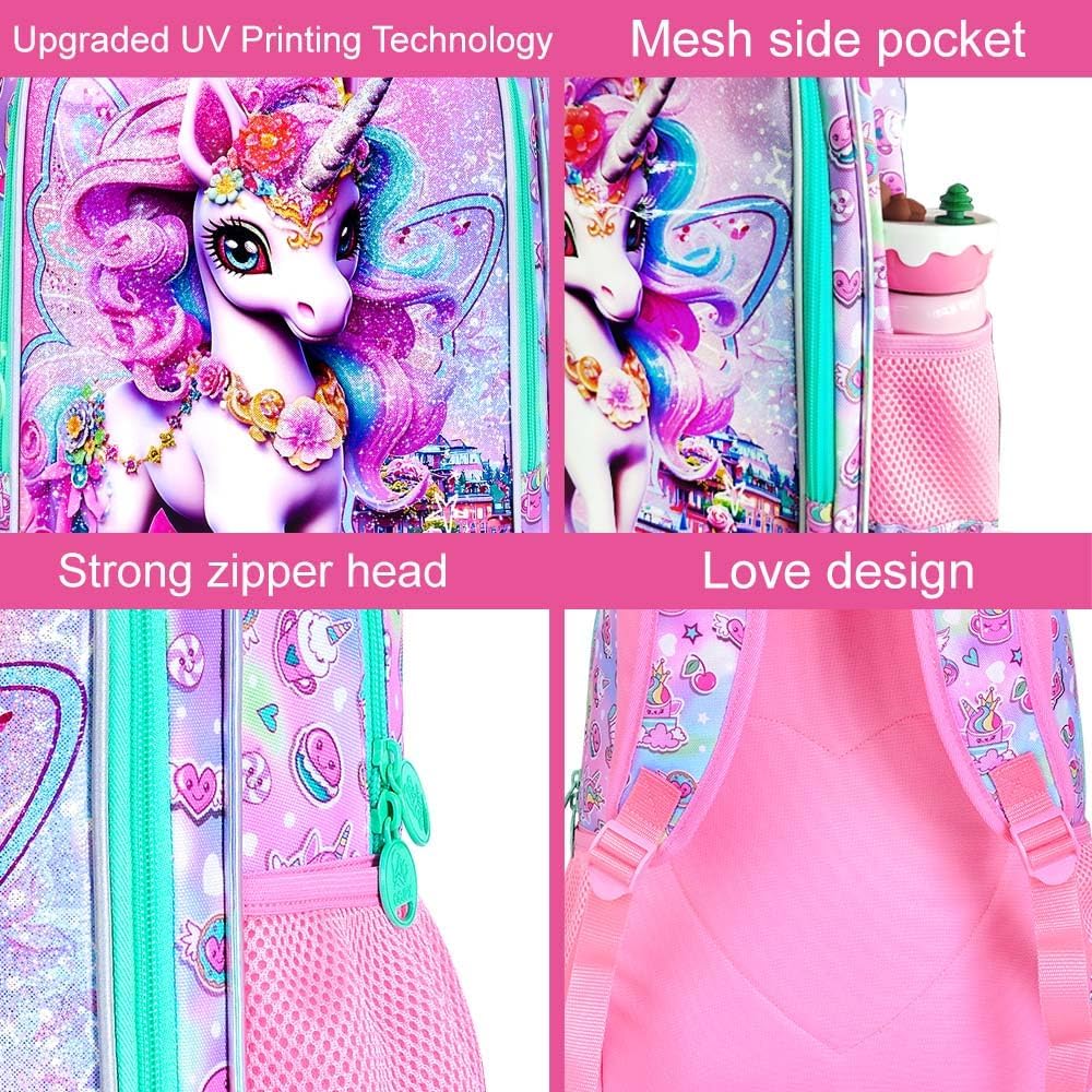 3PCS Unicorn Backpack, Water Resistant Girls Bookbag Set with Lunch Box，Cute Kids Elementary School Bag for Preschool Toddler