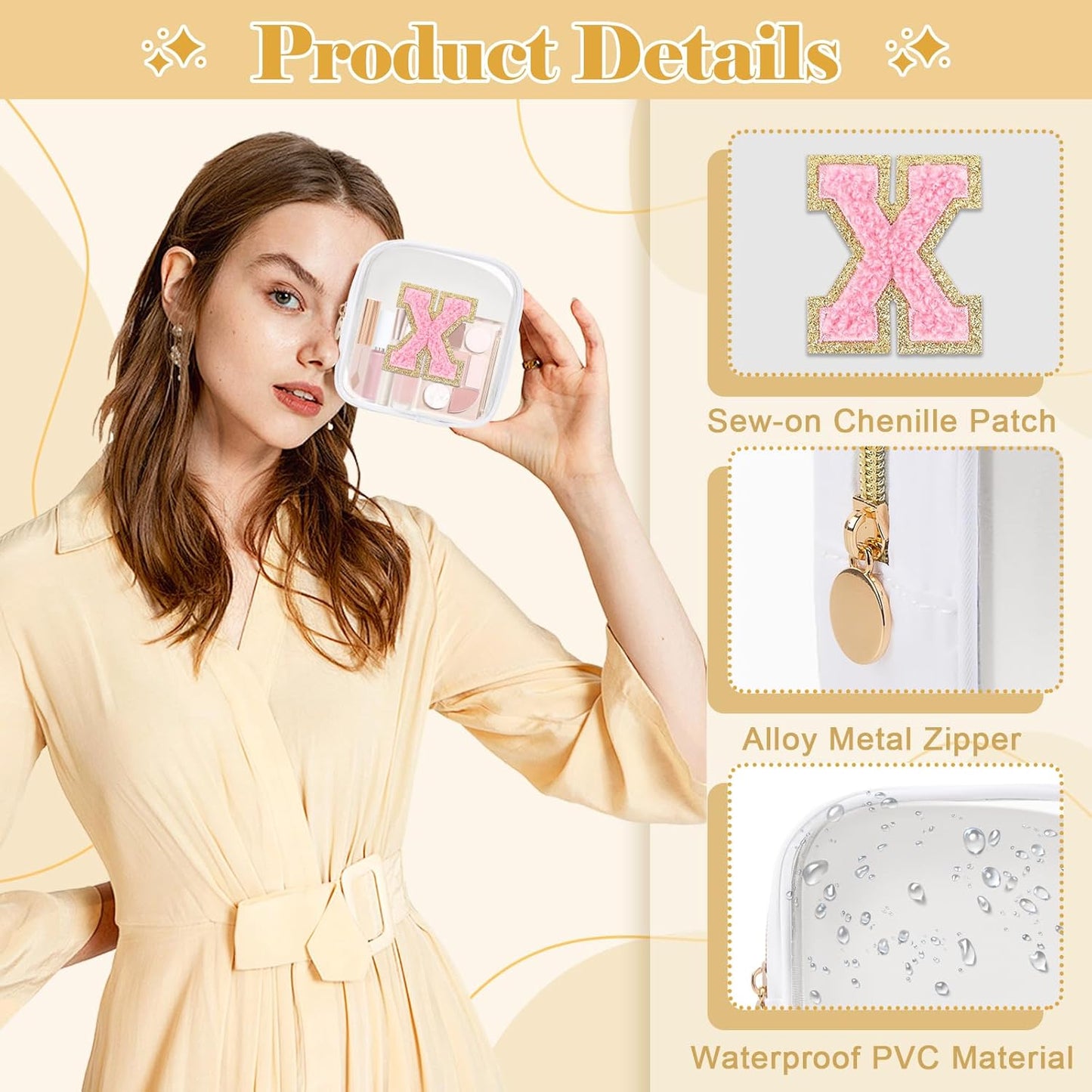 Personalized Initial Letter Clear Preppy Makeup Bag,Mini Nylon Chenille Letter Cosmetic Bag Cute