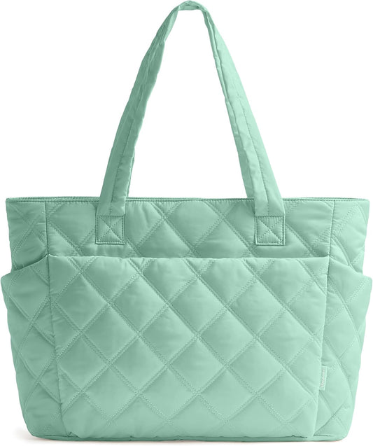 Tote Bag for Women, Lightweight Puffer Tote Work Bags with Compartments for Travel, Quilted Shoulder Bag with Zipper