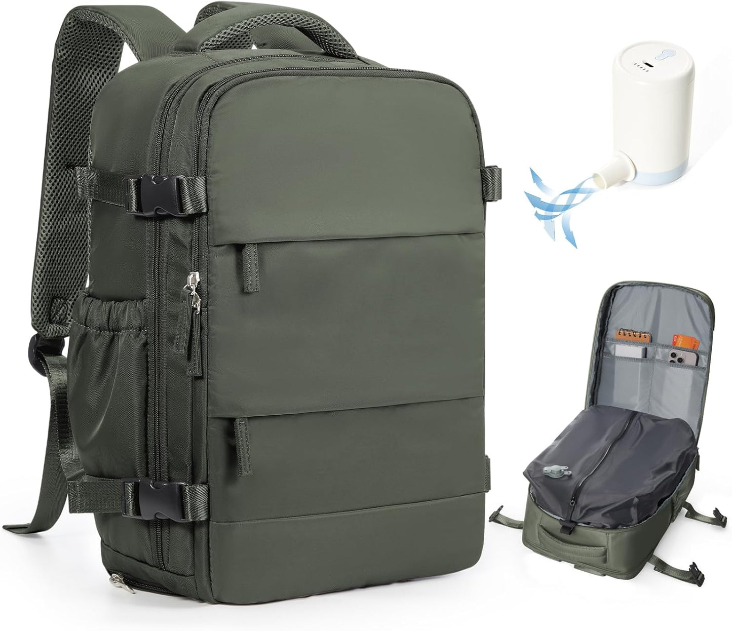 Vacuum Backpack Travel with Pump,Travel Backpack with Vacuum System, Shoe Compartment,United Airlines Personal Item Bag 17x10x9,Mochila compresion al vacio,Brown Green