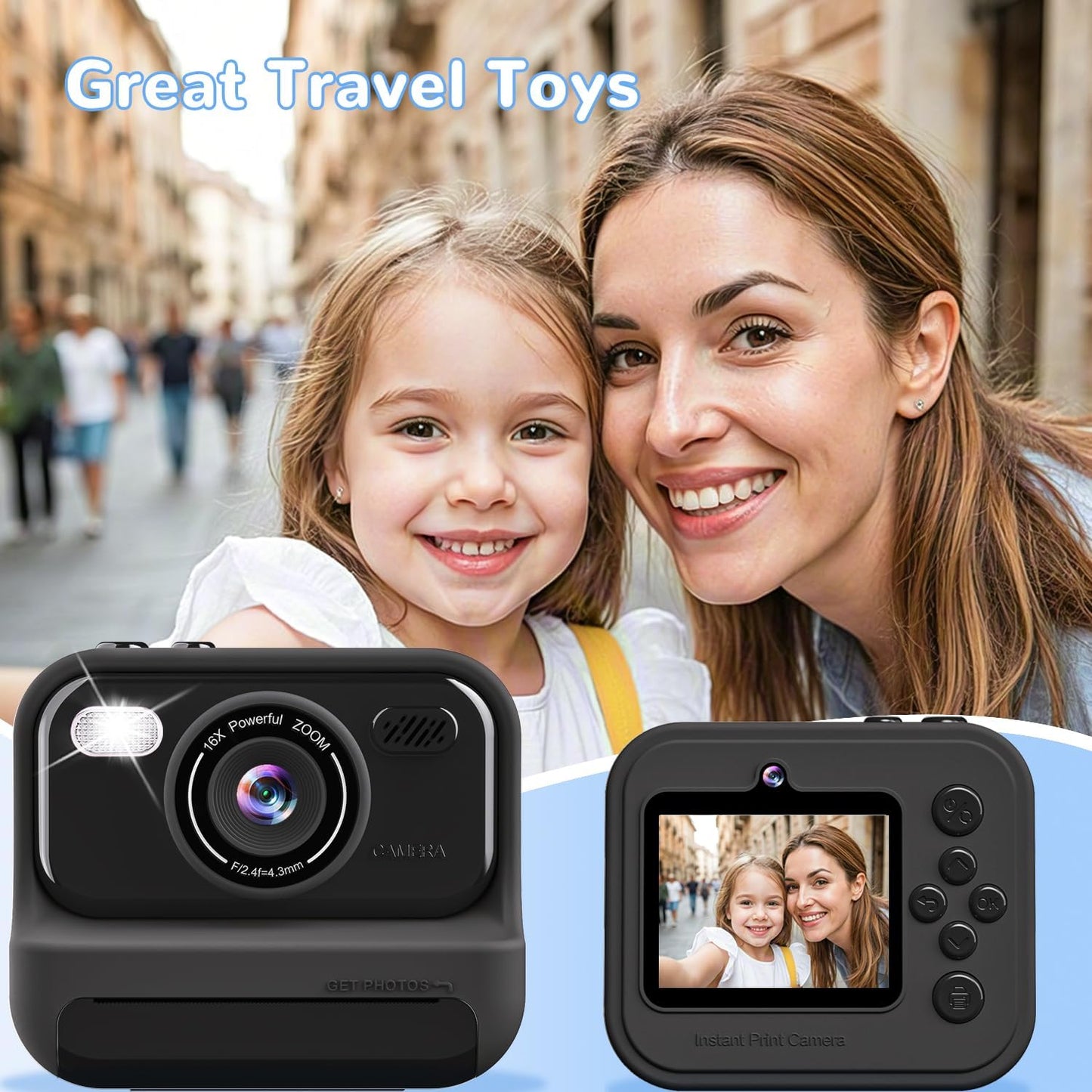 Instant Print Camera for Kids,2.4 Inch Screen Kids Instant Cameras, Christmas Birthday Gifts for Girls Age 3-12, Portable Toddler Toy for 3 4 5 6 7 8 9 10 Year Old Girls Boys，Black