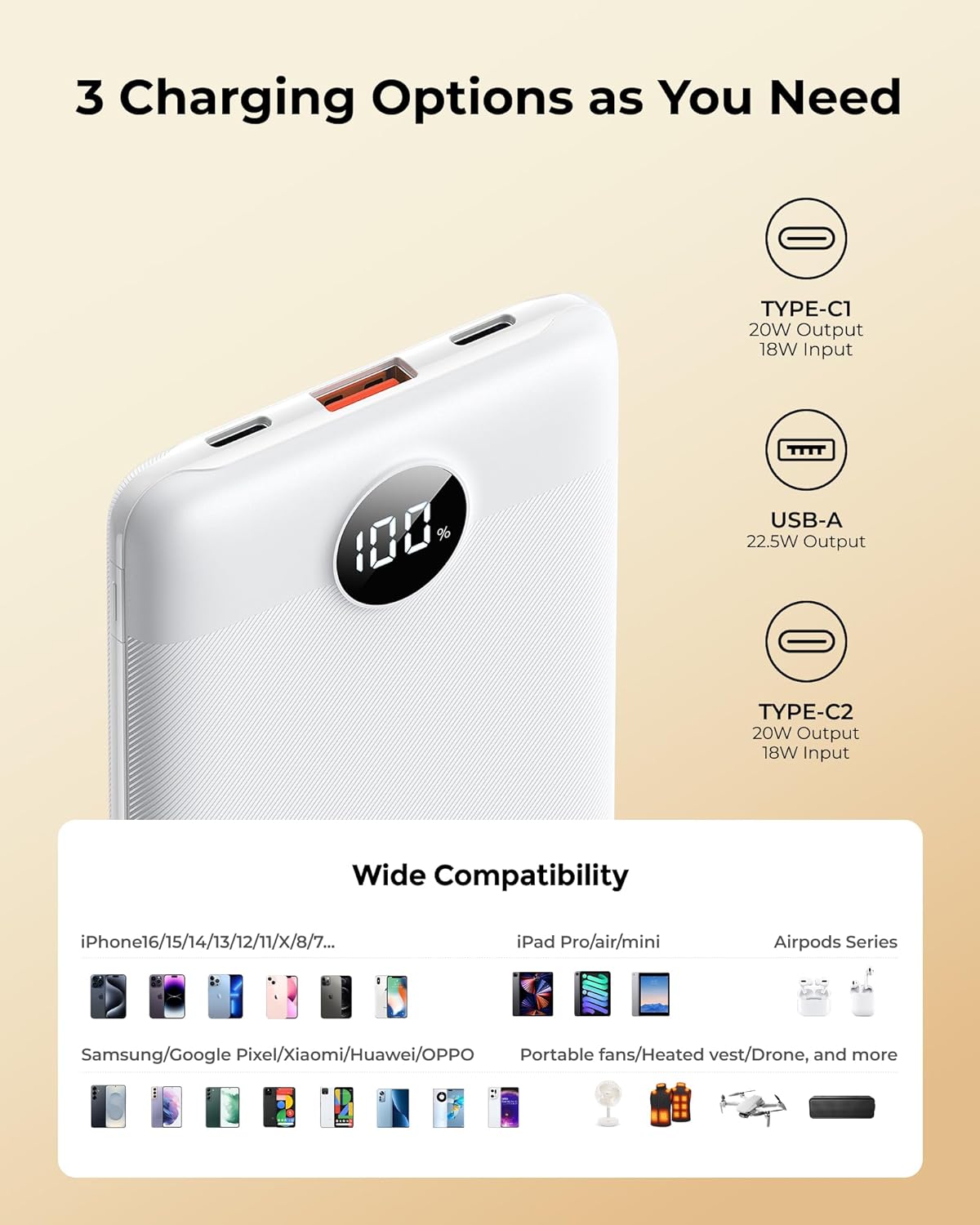 Small Portable Charger Power Bank 10,000 mAh, Upgraded Compact Battery Pack for Phone Charging, PD3.1 & QC Fast Charging Mini Travel Power Bank for iPhone/Samsung/Google/Tablet/AirPod (White)