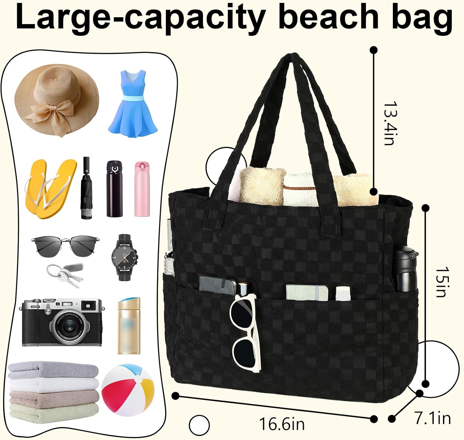 LEDAOU Large Beach Tote Bag Women Waterproof Sandproof Zipper Beach Tote Bag for Pool Gym Grocery