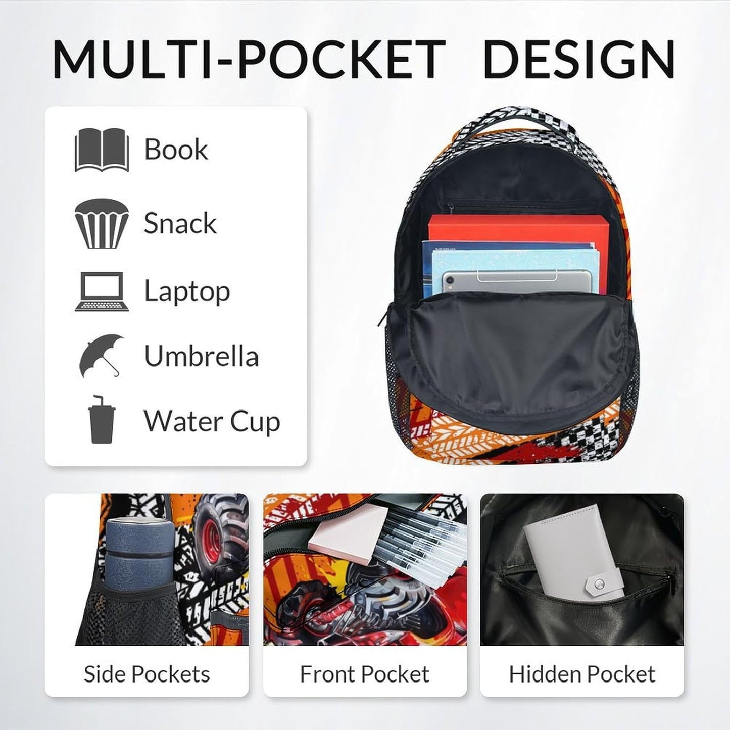 School Backpack for Boys, Truck Backpack for Kids, 17" Racing Bookbag for Toddler, Preschool Kindergarten Elementary School Bag