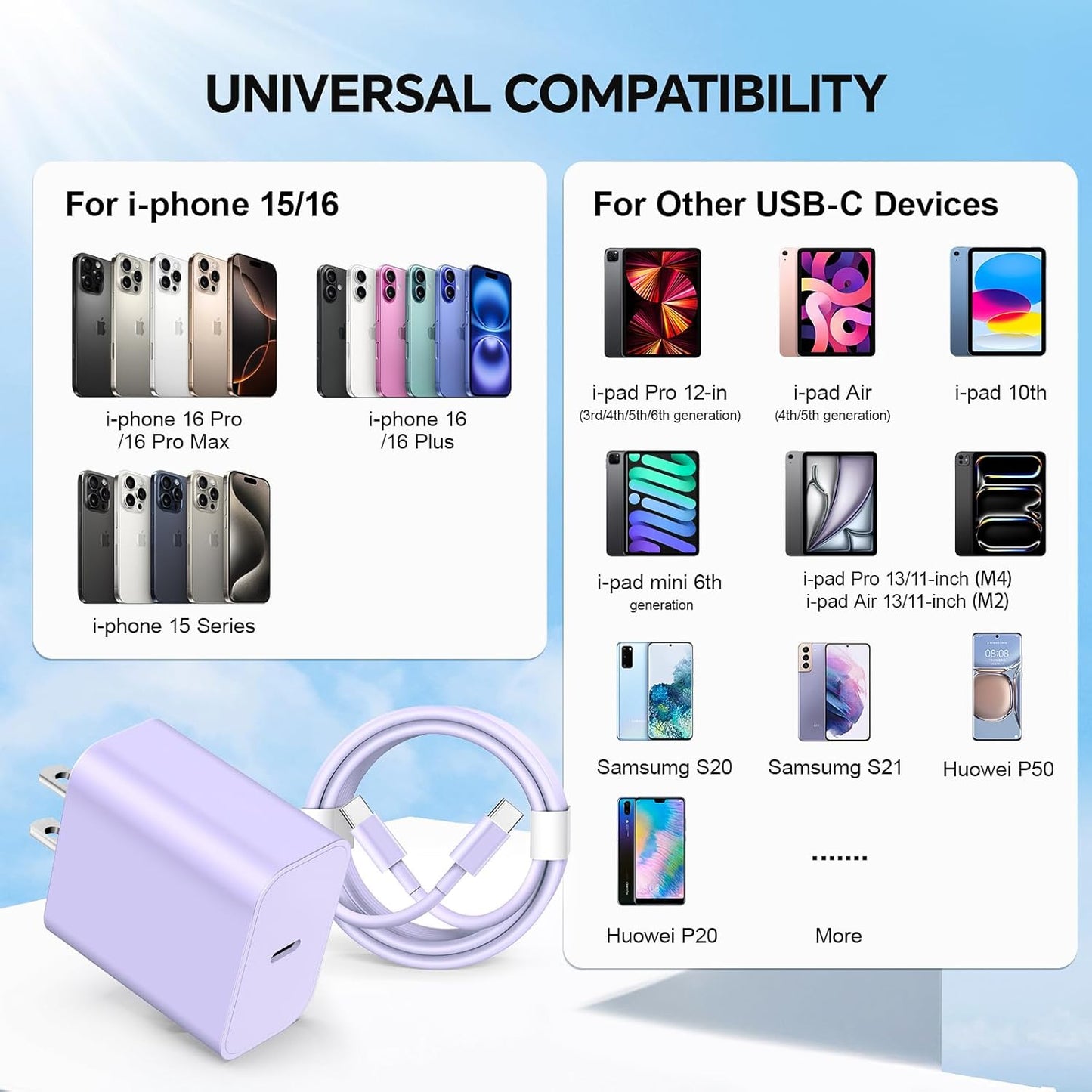 i Phone 16 15 Chargers Fast Charging 20W USB C Charger 10FT Type C Charging Cable Charger with 2 Pack Type C Wall Chargers for i Phone 15/16/17 Plus/Pro/Max/Pad Pro - Purple Green