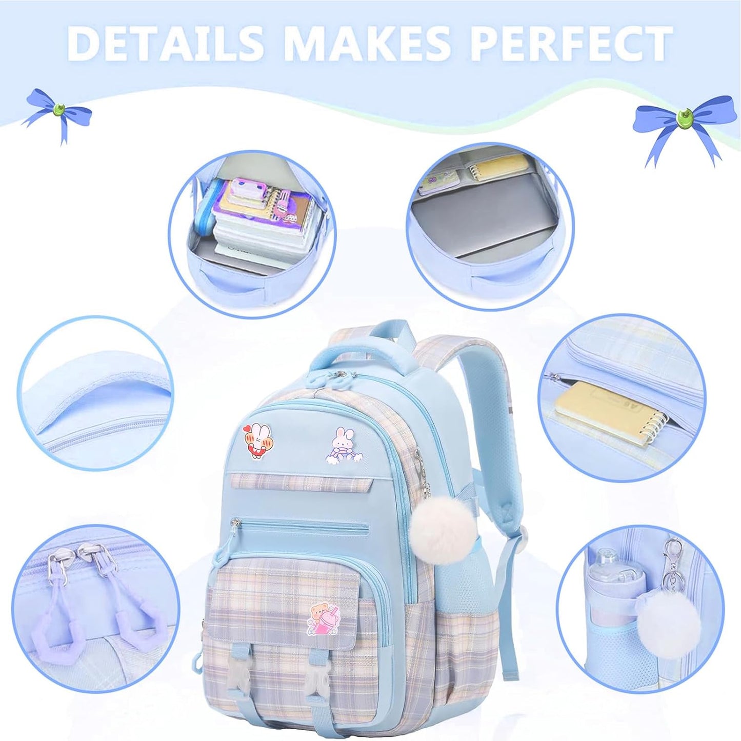 Cute Girls Backpack, 3PCS Cute Kids School Bag, 16.8 Inch Kindergarten Primary Backpack with Lunch Box Pencil Case Set(Blue)