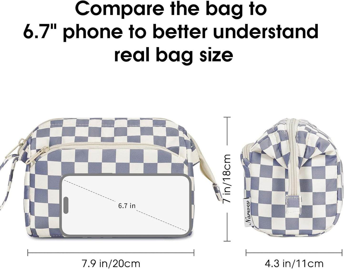 Narwey Checkered Makeup Bag Women Wide-open Make up Bag Travel Cosmetic Bag Organizer Toiletry Bag for Cosmetics Toiletries Accessories (Greyish Blue Checkerboard)