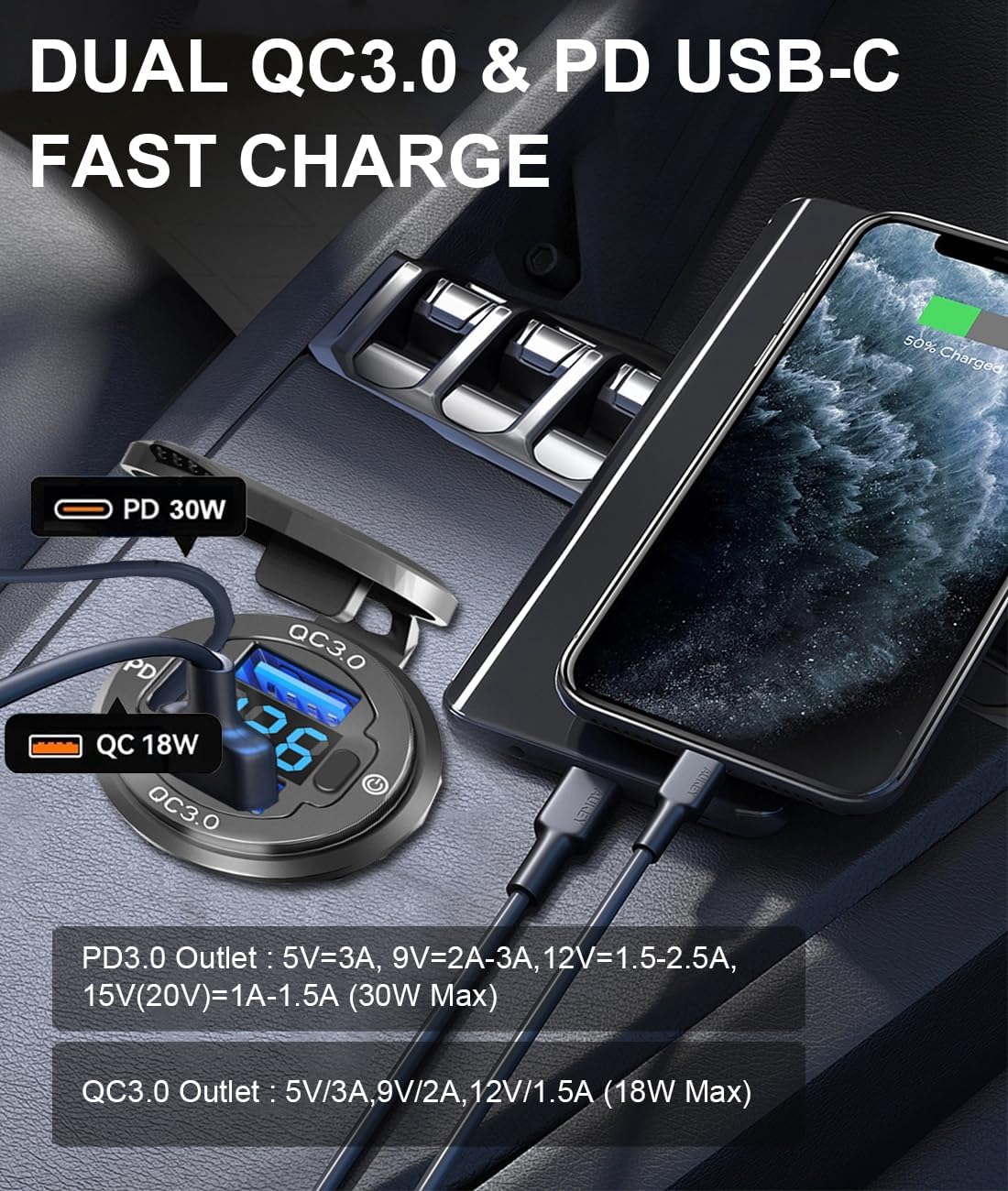 78W Triple-Port 12V USB Outlet with Voltmeter & Switch - PD3.0 & Dual QC3.0 Quick Charge Car Charger Socket, Aluminum Alloy Waterproof USB C Port for Car Boat Marine Motorcycle RV Truck ATV Golf Cart