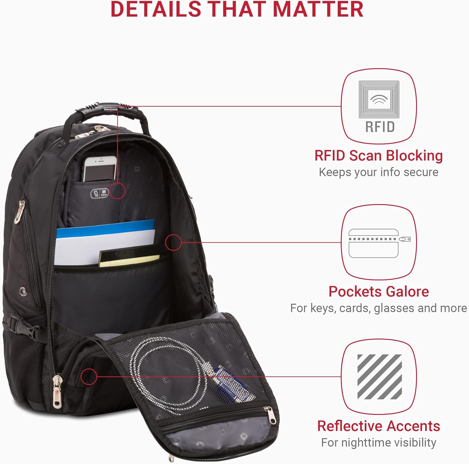 SwissGear 1900 ScanSmart 17” Laptop Backpack Black – Reflective Tech Backpack with ScanSmart