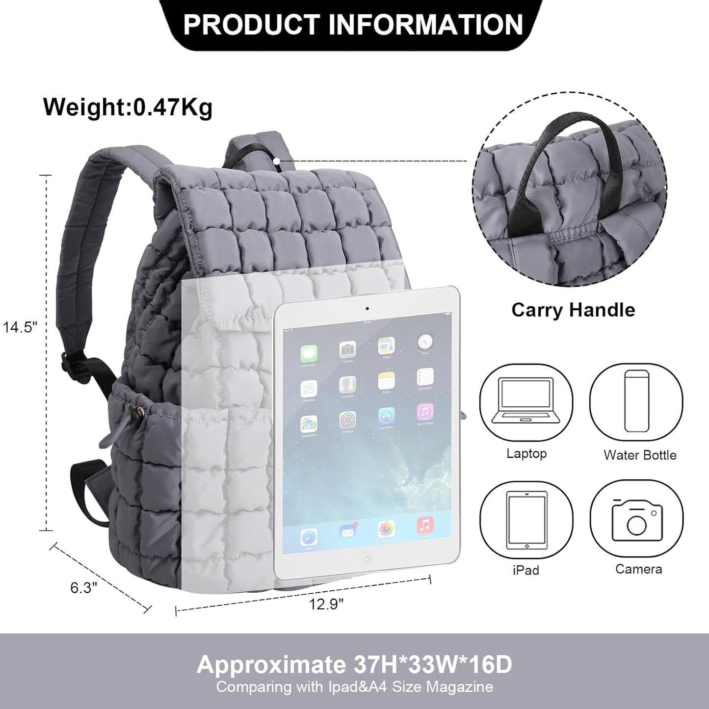 XSUIOY Quilted Backpack Purse for Women Small Lightweight Puffer Puffy College Laptop Backpack Nylon Casual Bookbag Daypack Top Flap Drawstring Padding Hiker Travel Gym Backpack(Grey)