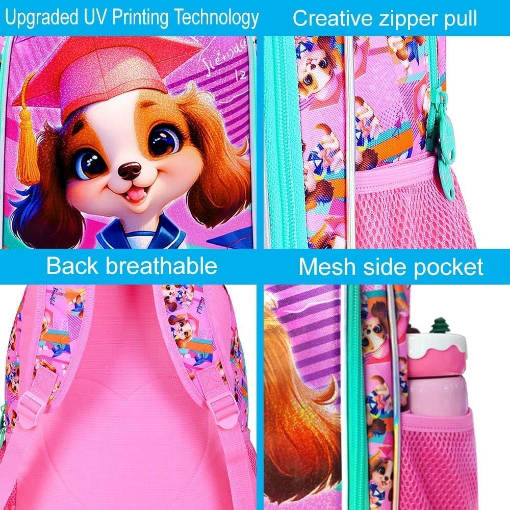 3PCS Girls Dog Backpack, 16" Kids Bookbag with Lunch Box, Kids Water Resistant Elementary Preschool Toddler School Bag - Pink Dr. Dog