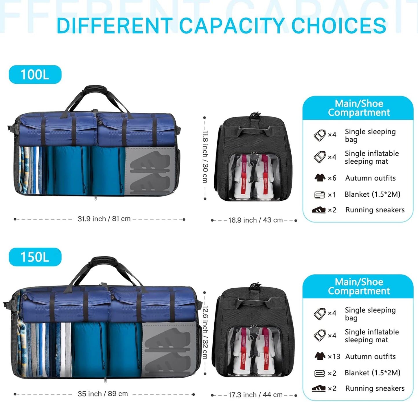 Gonex 40L 60L 80L 100L 150L Large Foldable Travel Duffle Bag with Shoes Compartment, Packable