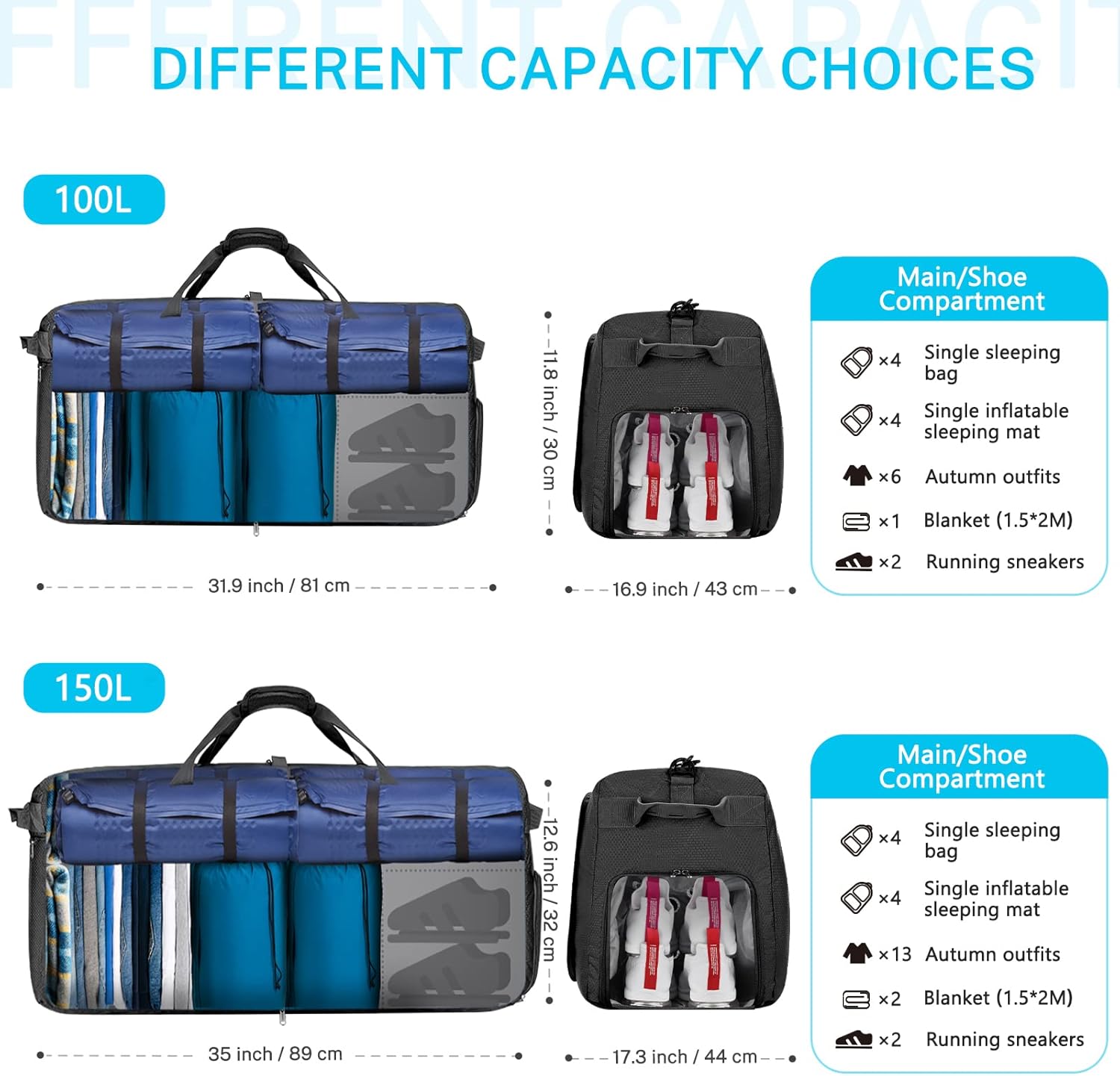 Gonex 40L 60L 80L 100L 150L Large Foldable Travel Duffle Bag with Shoes Compartment, Packable