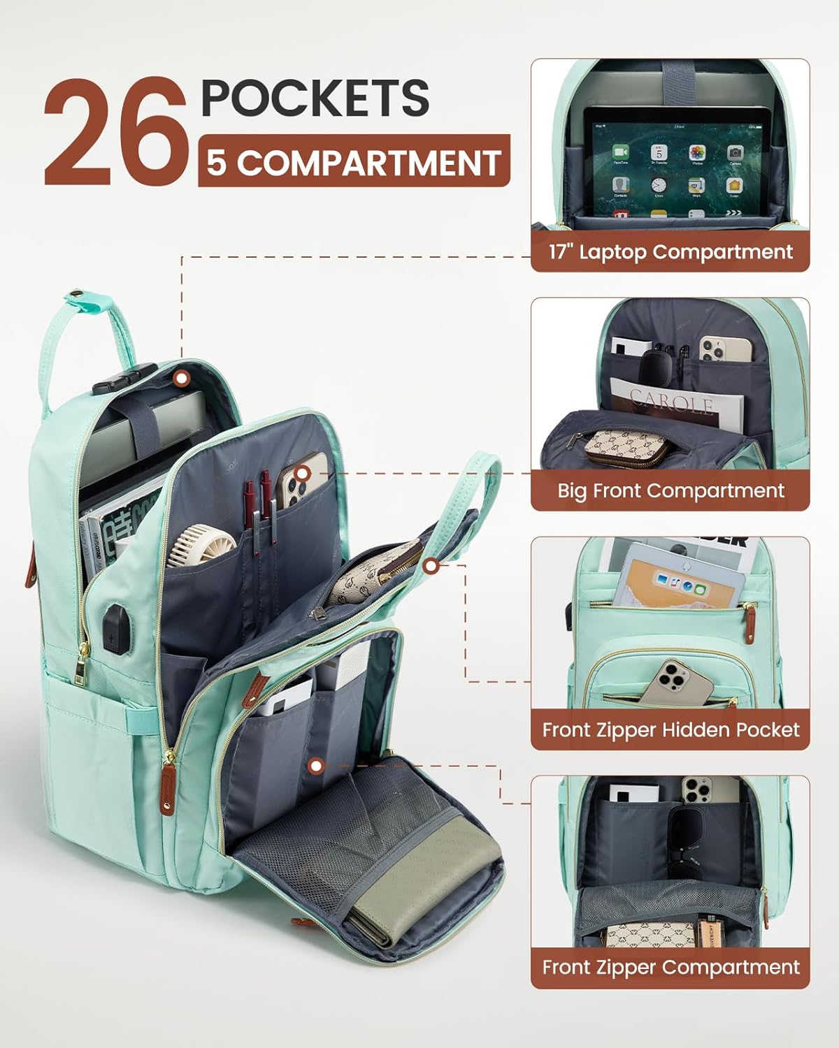 LOVEVOOK Laptop Backpack Purse for Women, Unisex Large Capacity 17 Inch Travel Anti-theft Bag, Work Business Computer Bags Backpack for Men, Casual Hiking Daypack with Lock, Mint Green