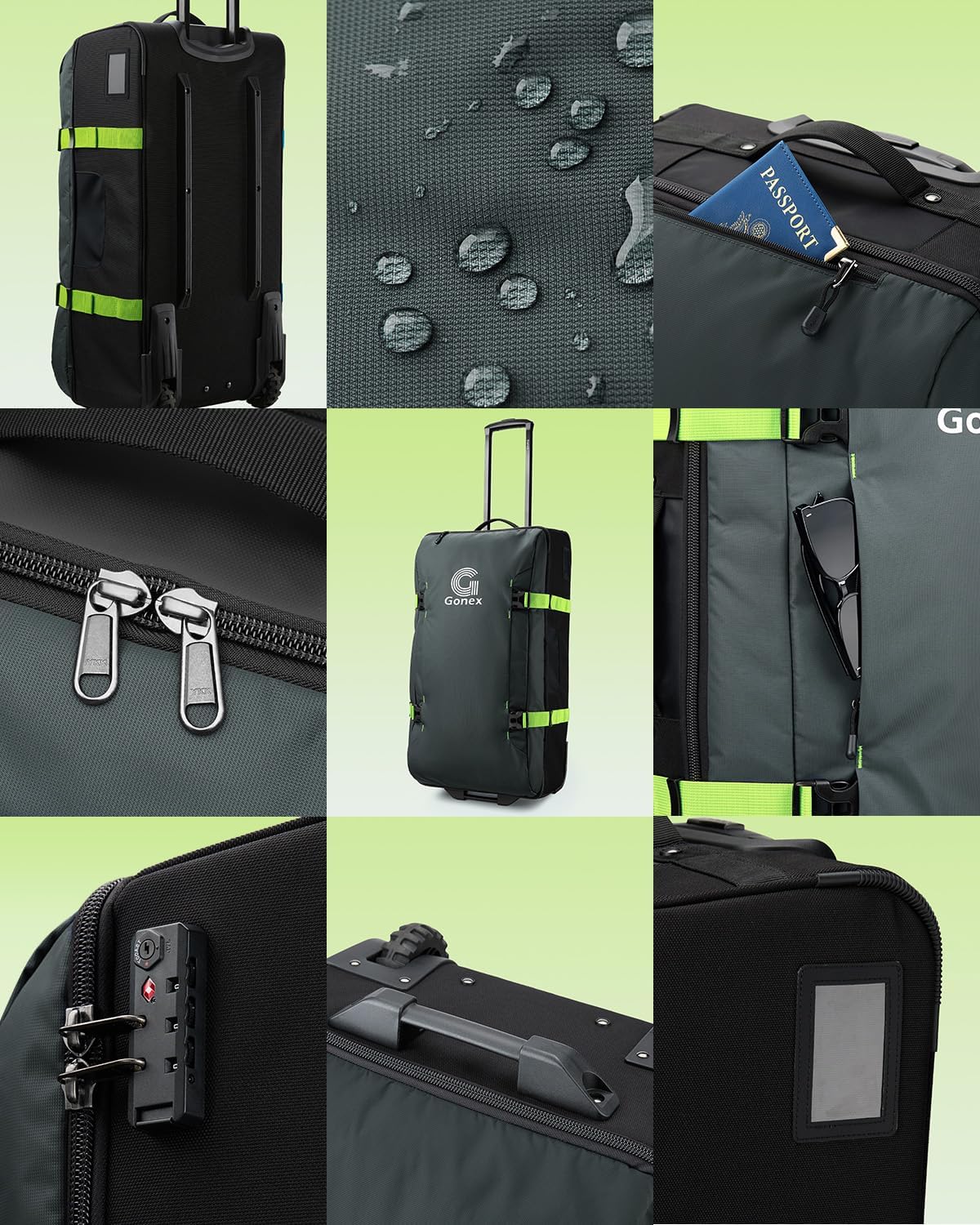 Gonex Rolling Duffle Bag with Wheels, Water-repellent 30 inch Nylon Large Wheeled Travel Duffel Luggage with TSA Lock & Telescopic Handle 100L, Green