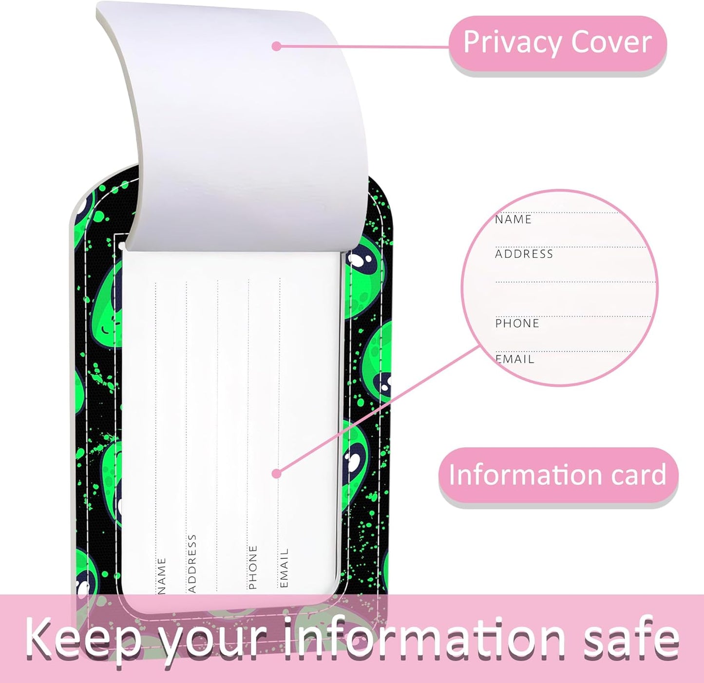 2 Pack Luggage Tag for Suitcase,Alien PU Leather Suitcase Tags Identifiers with Privacy Name Address Labels and Steel Loop for Women Men Travel