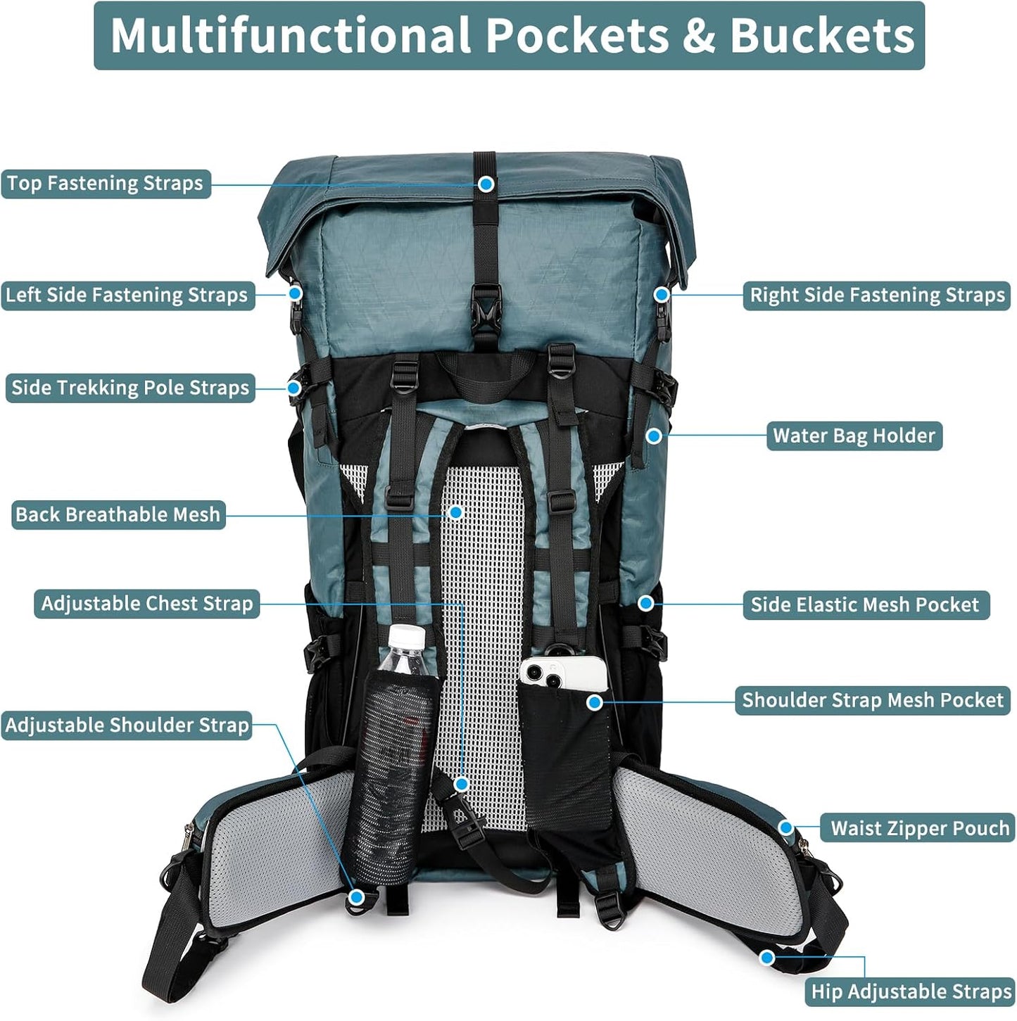 Hiking Backpack,40L to 50L Extra Large Capacity Hiking Bag,Internal Frame Camping Backpack,Upgraded
