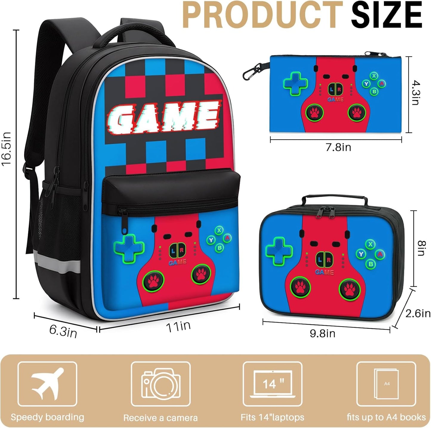 Boys Gamer Backpack Set with Lunch Bag & Pencil Pouch - 3-in-1 Video Game Backpack for Children Teen Boys, Big 17 Inch School Bookbag for Middle Elementary College