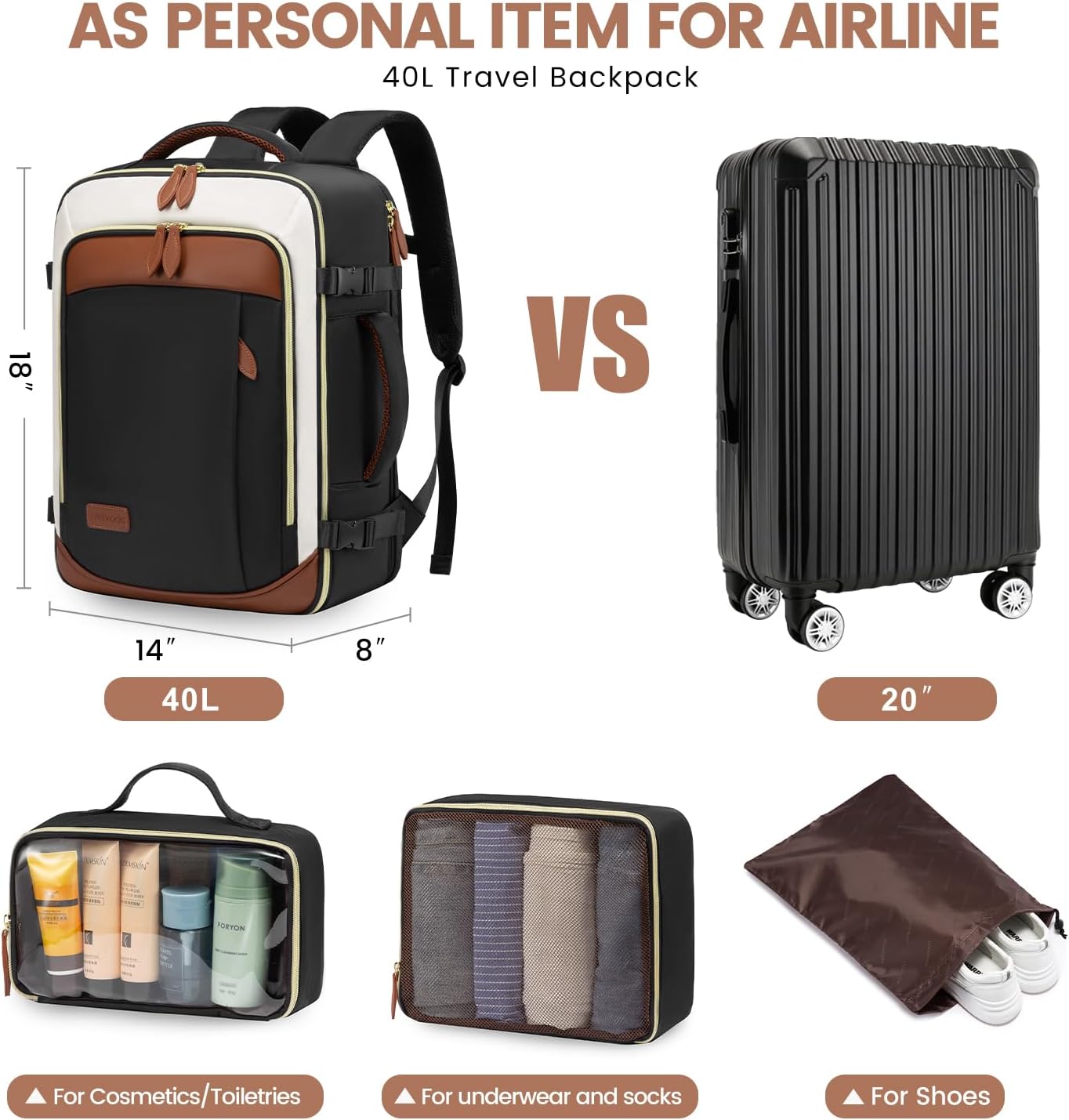 LOVEVOOK 40L Travel Backpack Carry On Airline Approved, Large Backpack with 3 Packing Cubes, TSA