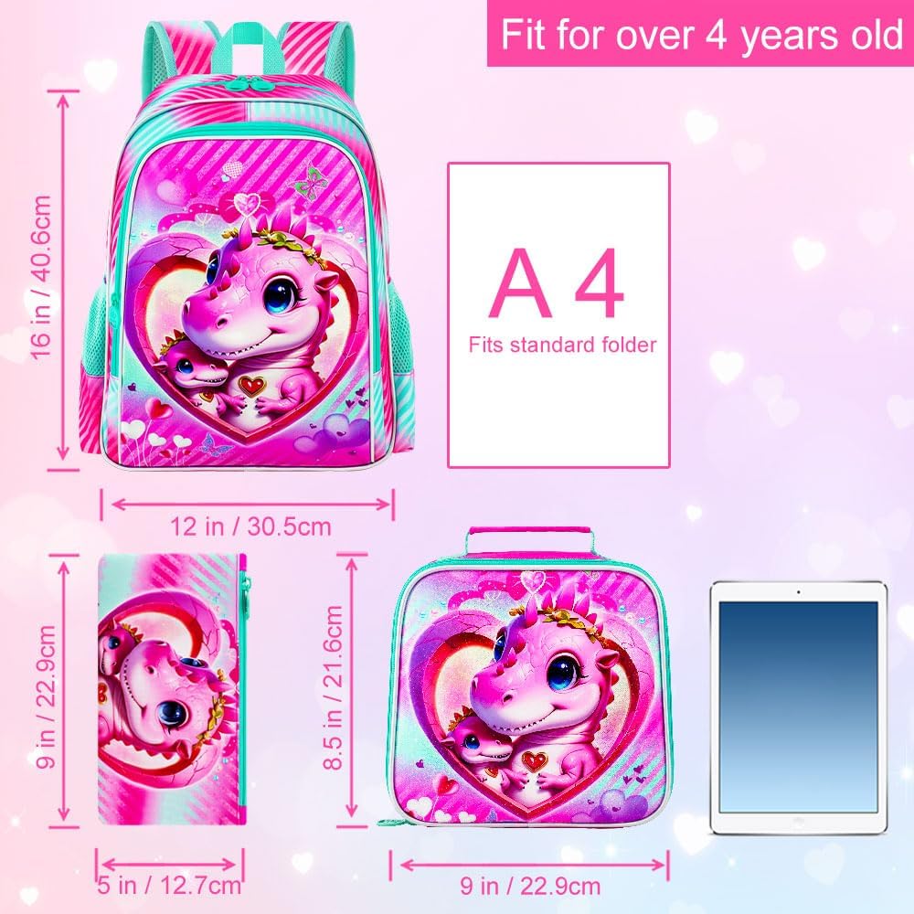 3PCS Girls Backpack, Kids Water Resistant Heart Bookbag Set with Lunch Box, Cute Kids School Bag for Preschool Toddler
