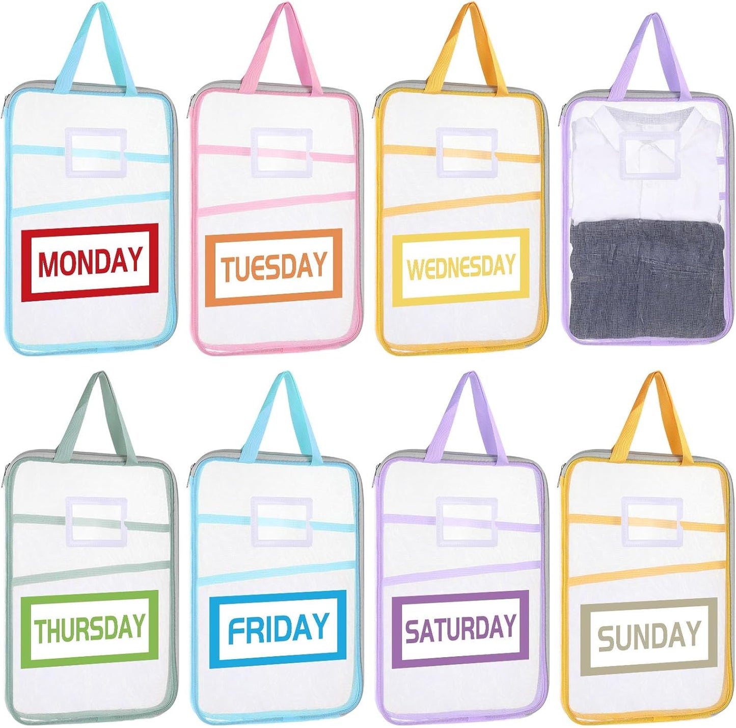 7 Pcs Packing Cubes for Travel, Days of Week Colorful Packing Cubes with Labels, Clear Clear Zippered Storage Bag for Travel Summer Camp Cruise Family Vacations Essentials