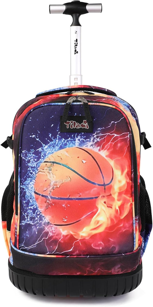 Tilami Rolling Backpack 19 inch Wheeled Cute LAPTOP Boys Girls Travel School Student Trip, Basketball Black
