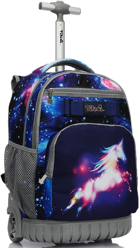 Tilami Rolling Backpack 19 inch Wheeled LAPTOP Boys Girls Travel School Student Trip, unicorn