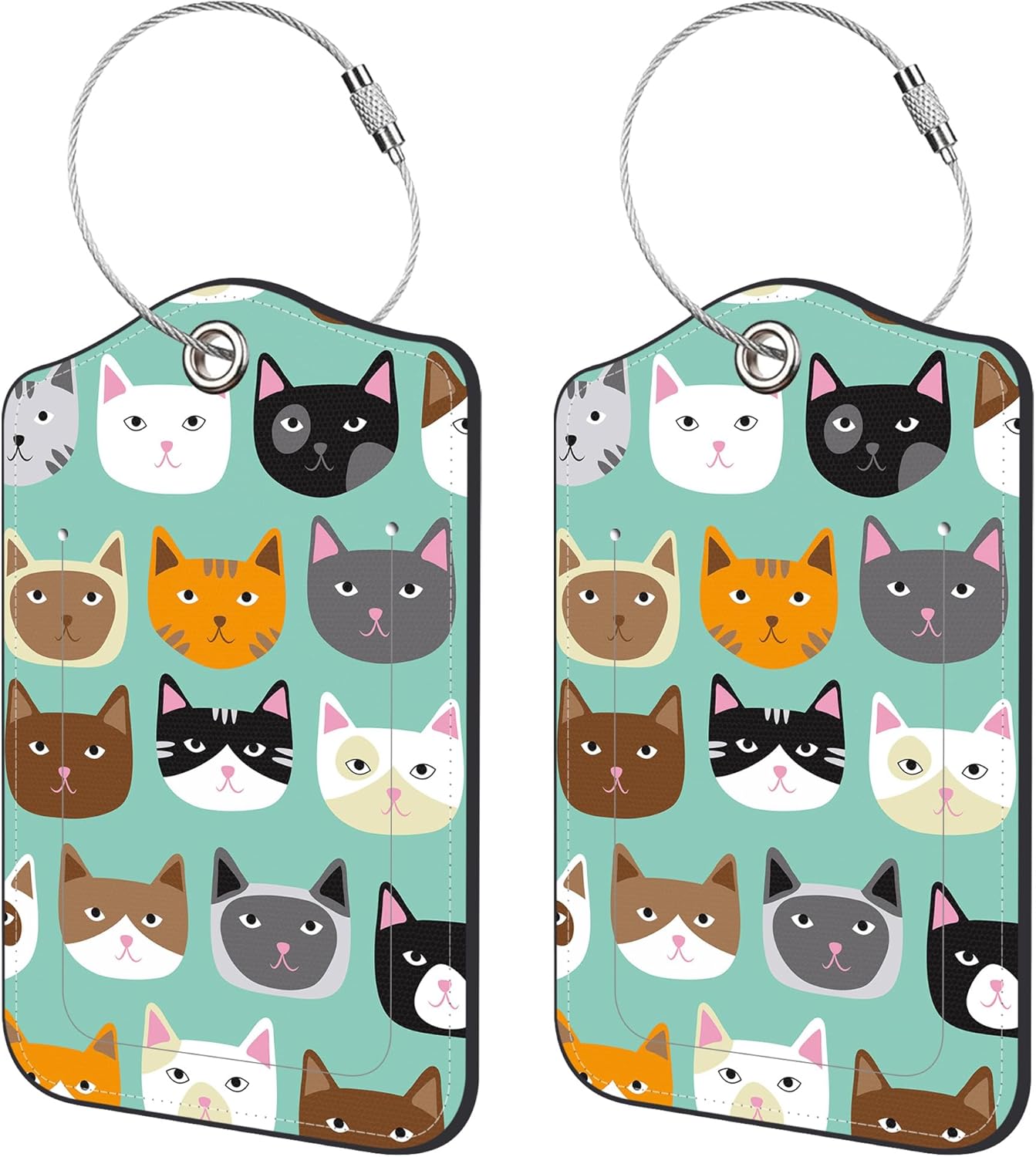 2 Pack Luggage Tags,Cute Cat Face PU Leather Idea Baggage Tag with ID Labels Privacy Cover Metal Ring Men and Women Travel Bag Labels