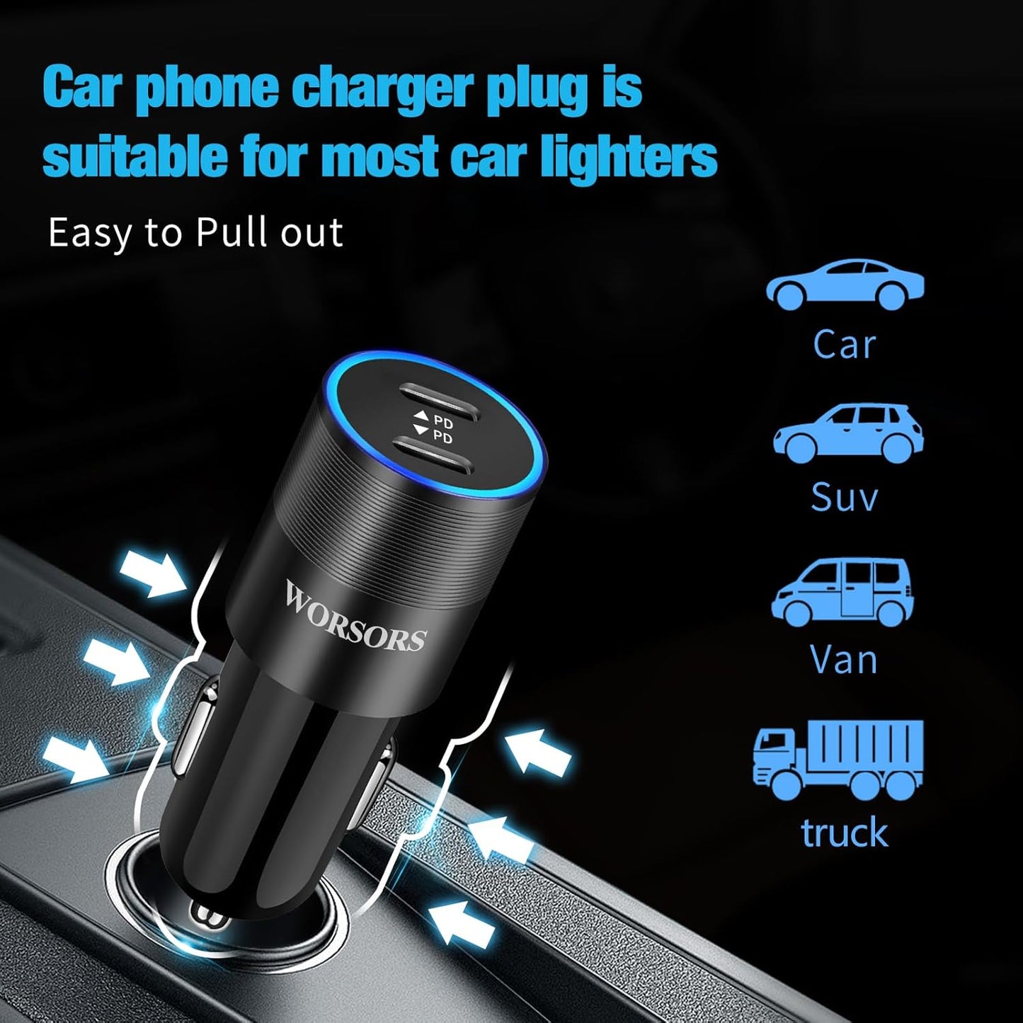 60W Fast USB C Car Charger, Dual 30W PD 3.0 Charging Ports Cigarette Lighter Adapter for iPhone 17 Pro Max 16 15, iPad, Google Pixel 10 9, Samsung Galaxy S25 S24, Android Phone with 3.3ft Type C Cable