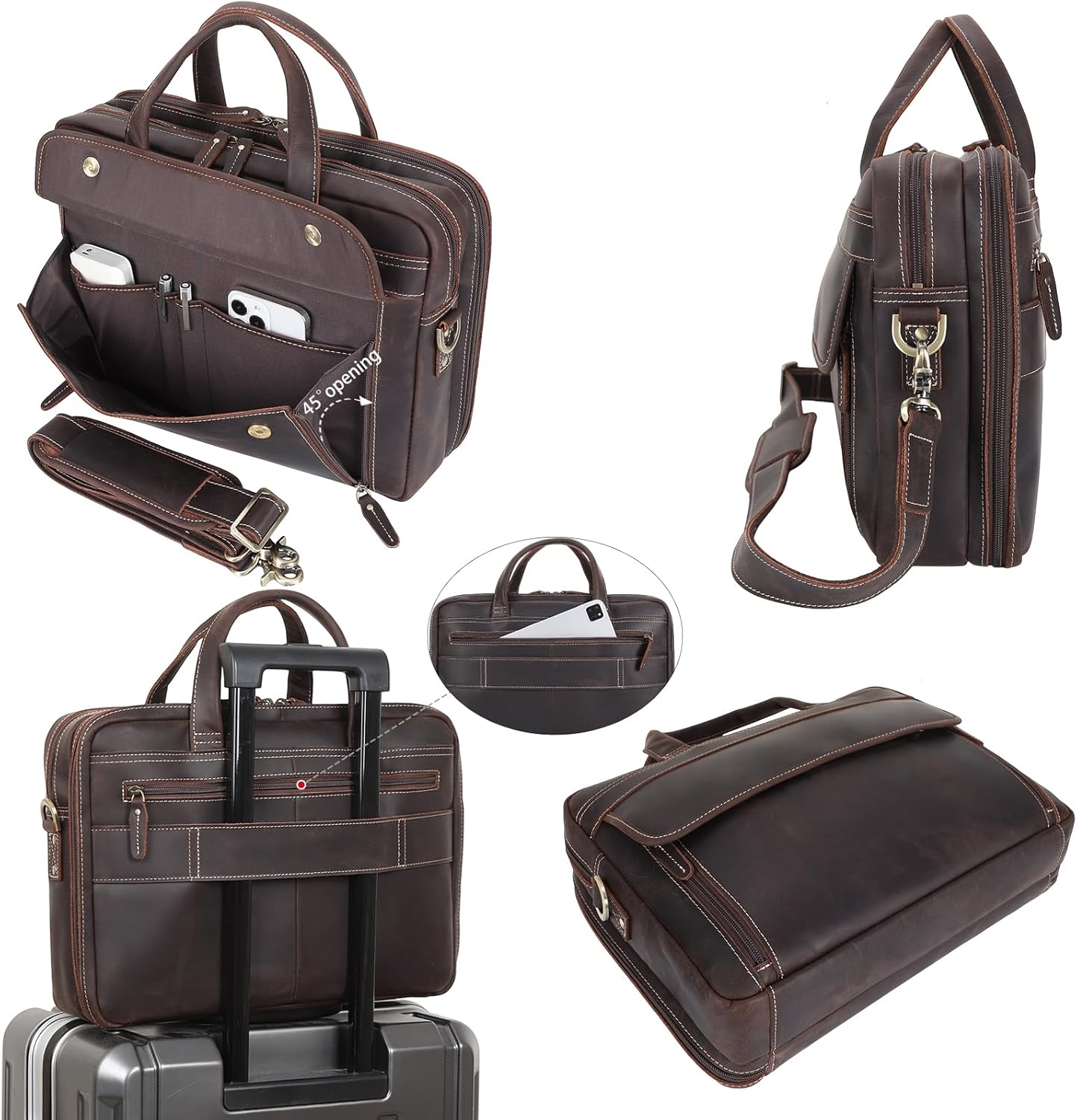Masa Kawa Leather Briefcase for Men 15.6", 17" Laptop Computer Case Business Travel Work Messenger