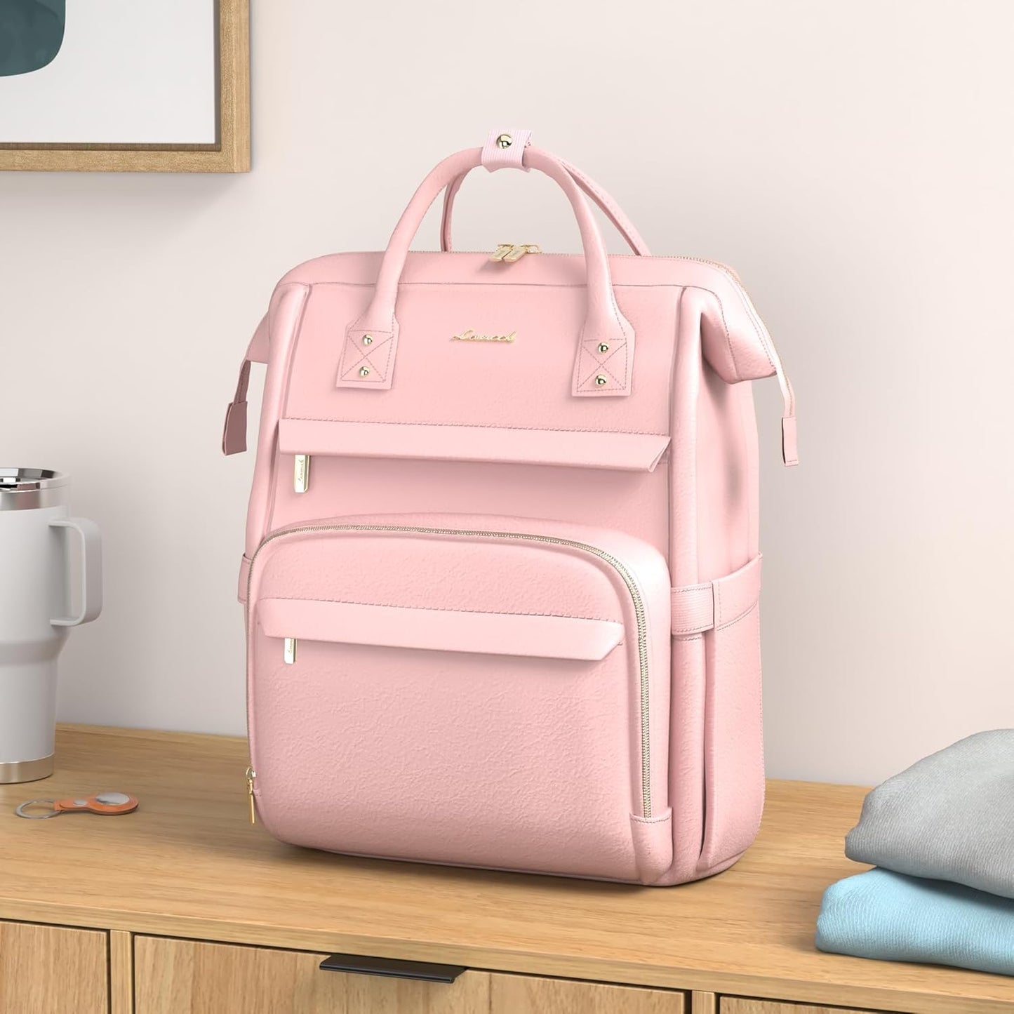 LOVEVOOK Leather Laptop Backpack for Women 15.6 inch, Travel Purse with USB Port, Pink