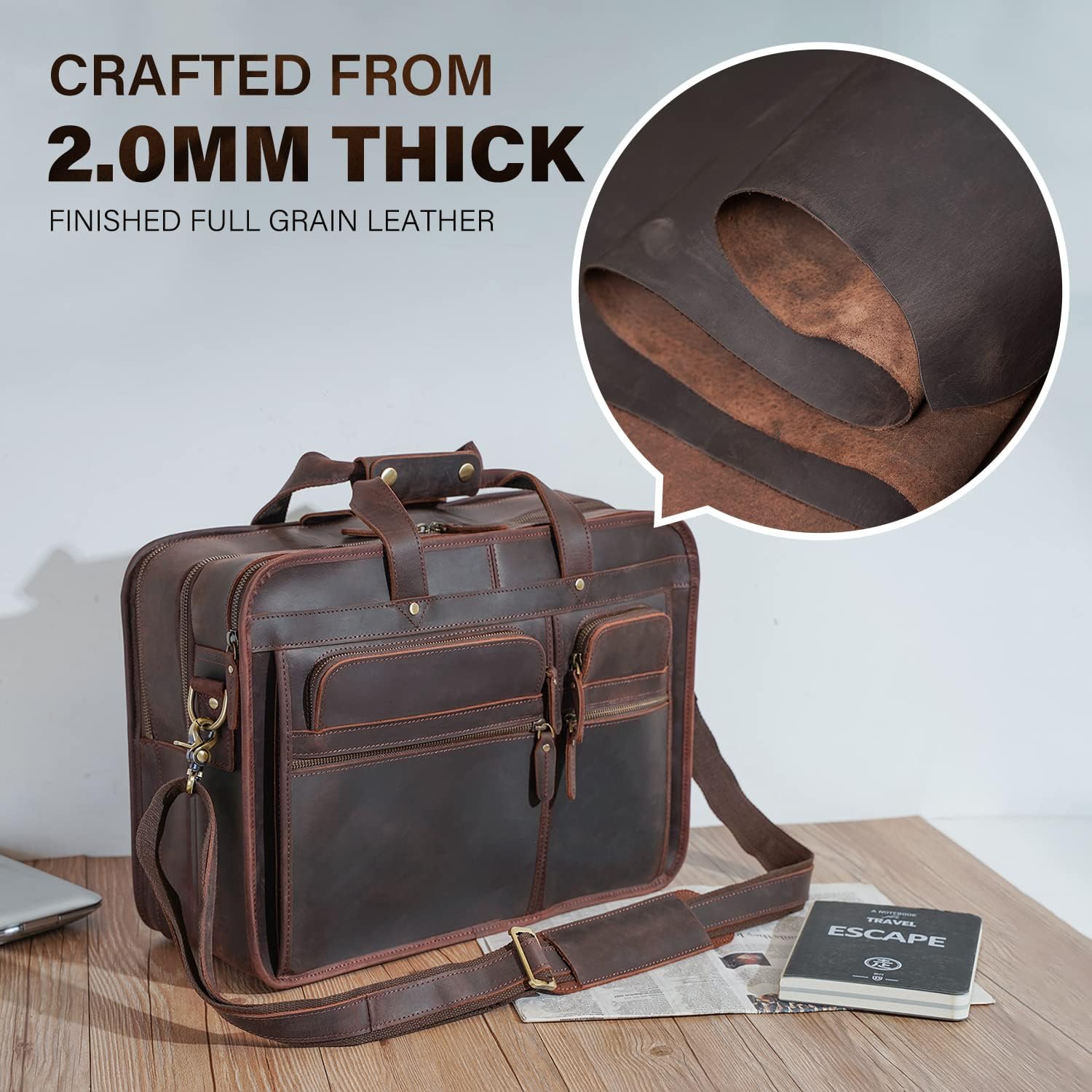 Men's Full Grain Leather Briefcase Large 17 Inch Business Travel Laptop Messenger Bag Tote with YKK