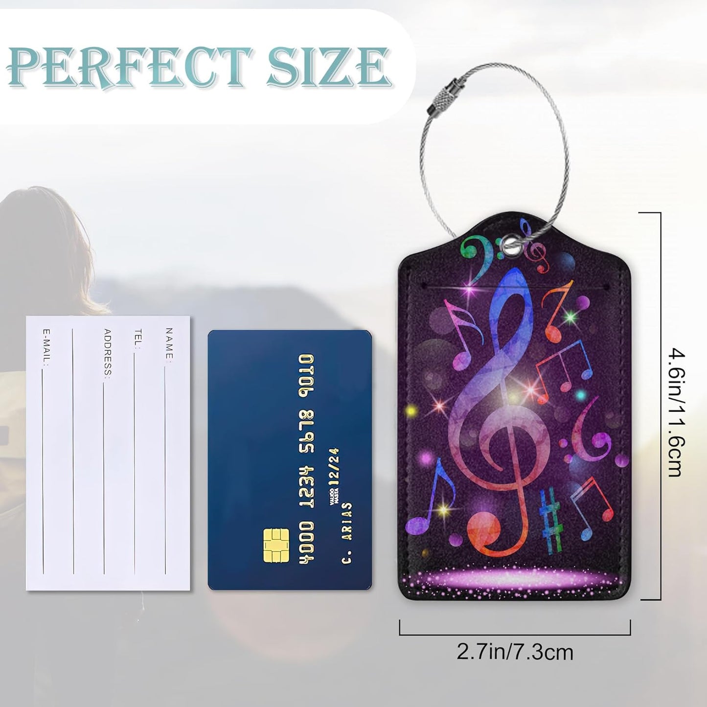 Luggage Tags Set of 2 Colorful Music Notes Leather Suitcase Tags with Stainless Steel Loop and Privacy Cover for Women Men Travel Luggage Accessories