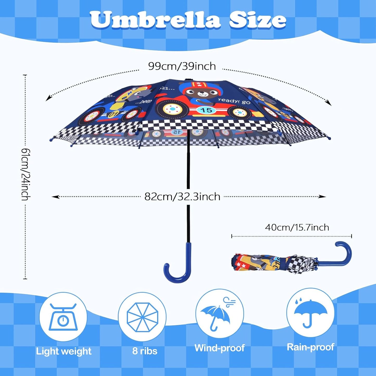 Kids Umbrella, Safety Windproof Umbrella with Easy-Grip Hook Handle for Toddler Girls and Boys