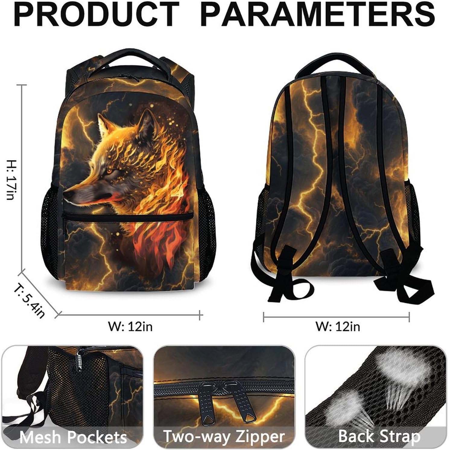 Boys Schoolbag, Cool Wolf Backpack for Kids, Gift for Birthday, Colorful Casual Kids Bookbag for
