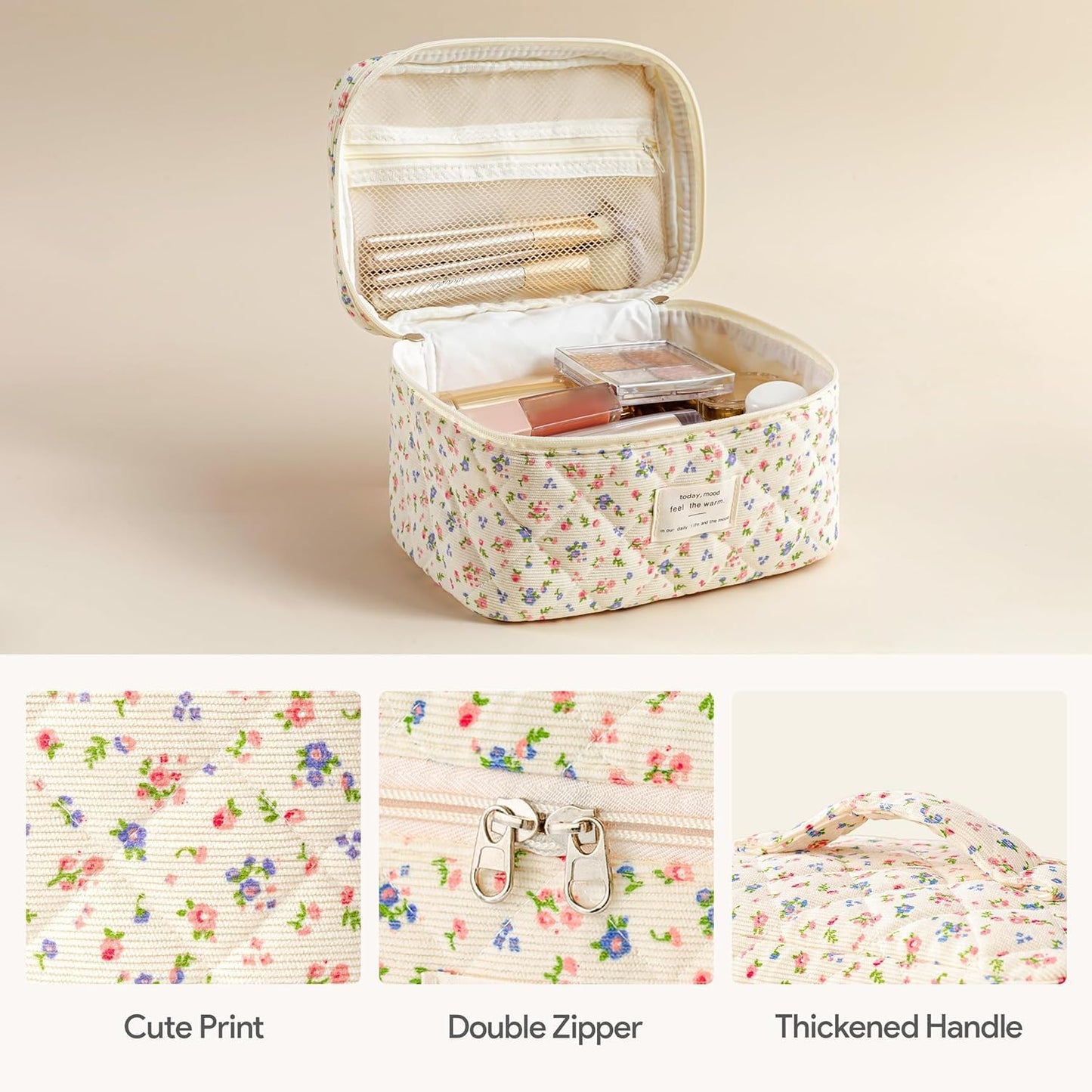 HBselect Quilted Makeup Bag, 3PCS Cotton Large Travel Makeup Bag, Cute Floral Coquette Make up Bag Cosmetic Bag Toiletry Bag for Women Girls