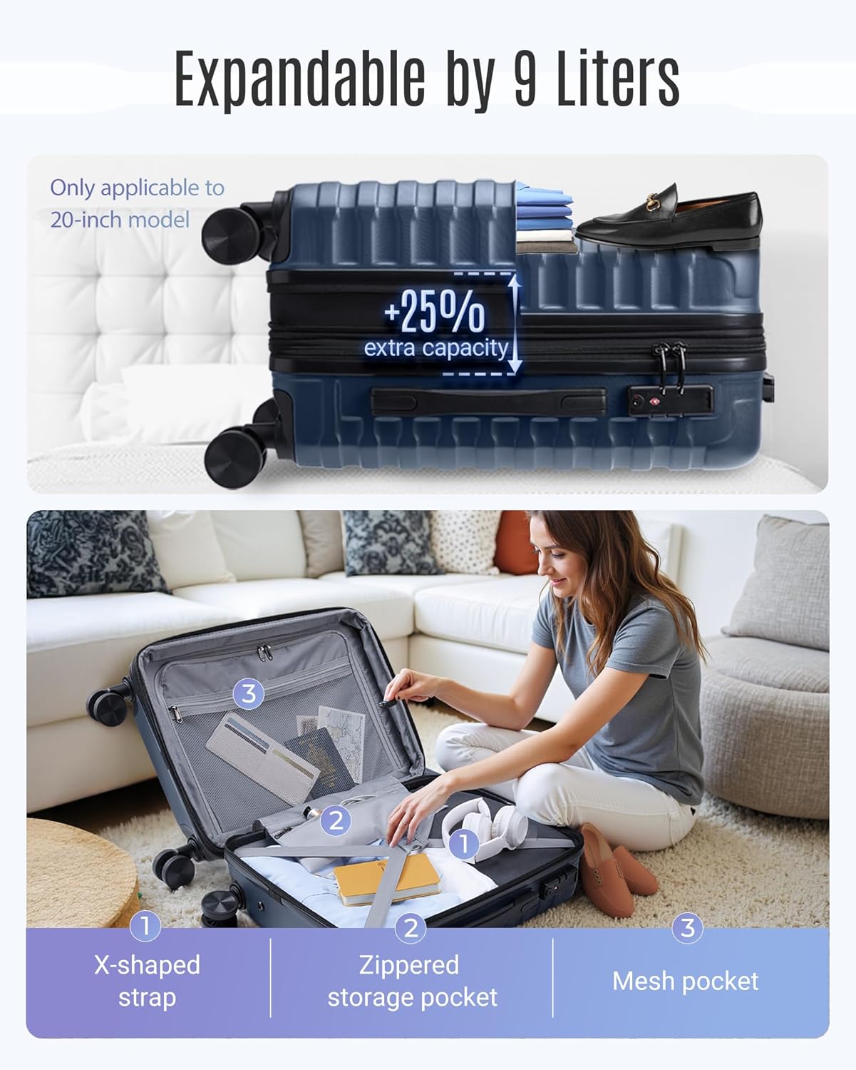 LIGHT FLIGHT Carry On Luggage 22x14x9 Airline Approved, Carry On Suitcases with Wheels, Expandable Hardside Lightweight Rolling Travel Luggage with TSA Lock 20 Inch Carryon, Royal Blue