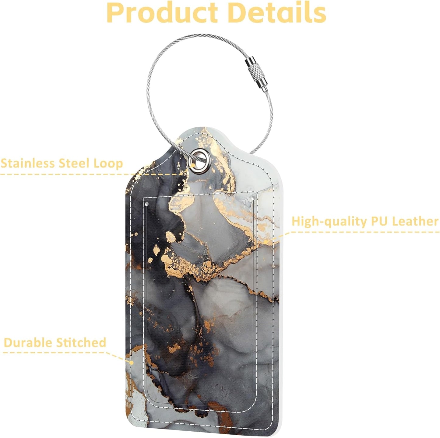 2 Pack Luggage Tags for Suitcase Marble and Gold Line Leather Stainless Steel Loop Label Tags for Women Men Travel Bag Suitcase with Privacy Cover Name ID Card