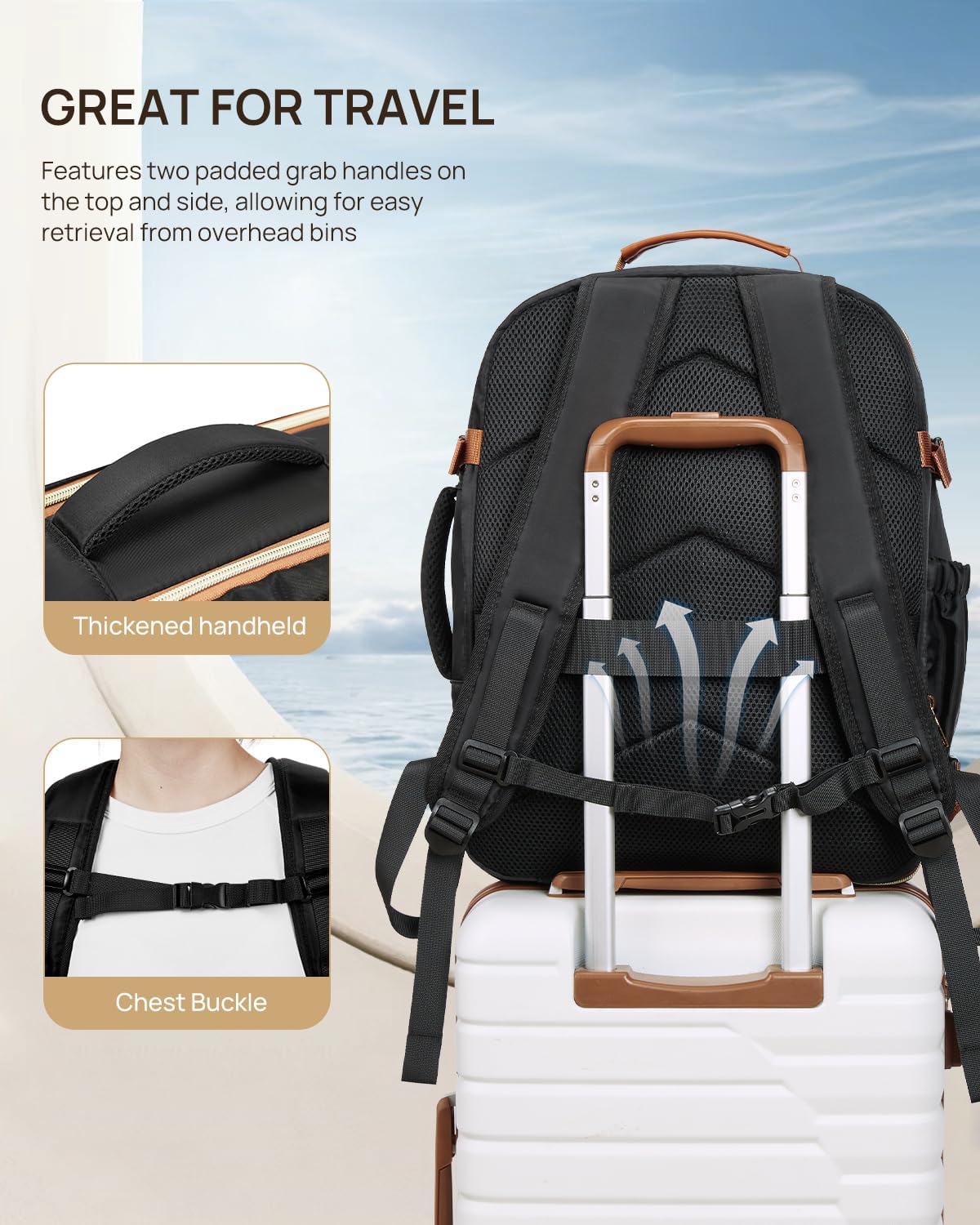 Telena Travel Backpack for Women, 17.3 inch Laptop TSA Carry On Personal Item Size Flight Approved Travel Bag Daypack with Multi-Pockets for Work, Travel, Business, Black-Brown
