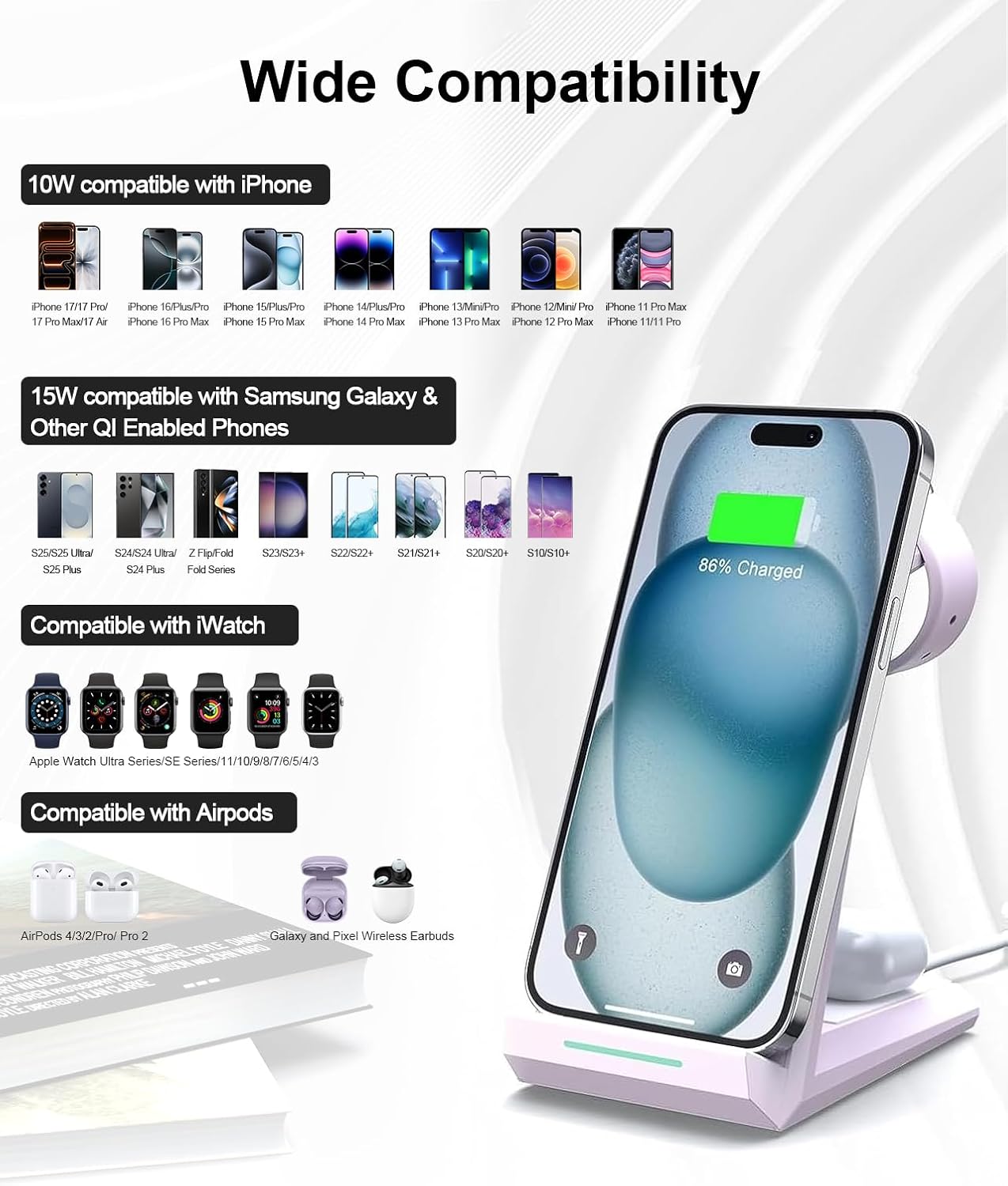 Wireless Charging Station for iPhone - ADADPU 3 in 1 Charger Stand for iPhone 17 16 15 14 13 12 11 Pro Max XR 8 Plus, Wireless Charging Dock for Apple Watch 8/7/SE/6/5/4/3/2, AirPods Pro/3/2 (Purple)