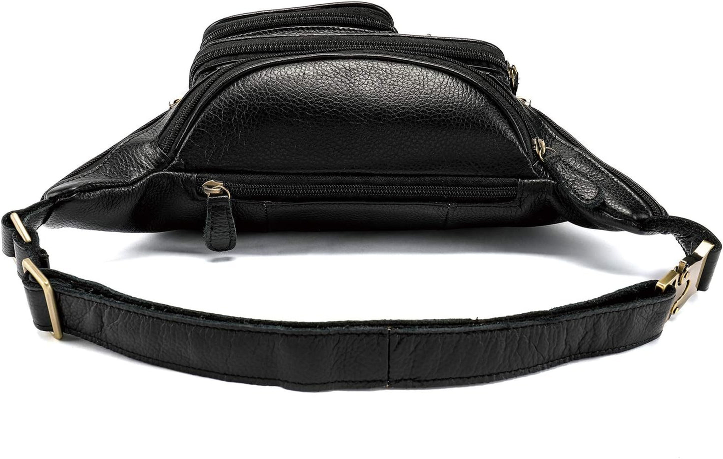 Genuine Leather Fanny Pack large capacity Crossbody Waist Bag with Zipper phone Pockets black