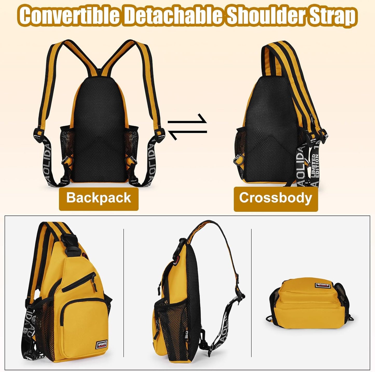 Sling Bag for Women Man Sling Backpack with Convertible Shoulder Strap Casual Backpack Daypack for Travel, Hiking and Daily Commute, (Yellow, Small)