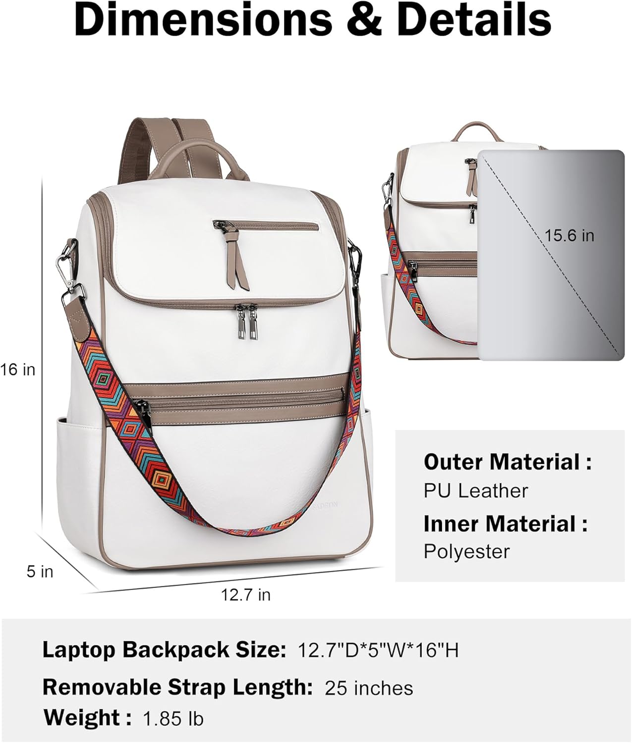 FADEON Laptop Backpack for Women Leather Travel Backpack with Laptop Compartment, Designer Ladies Computer Backpacks White