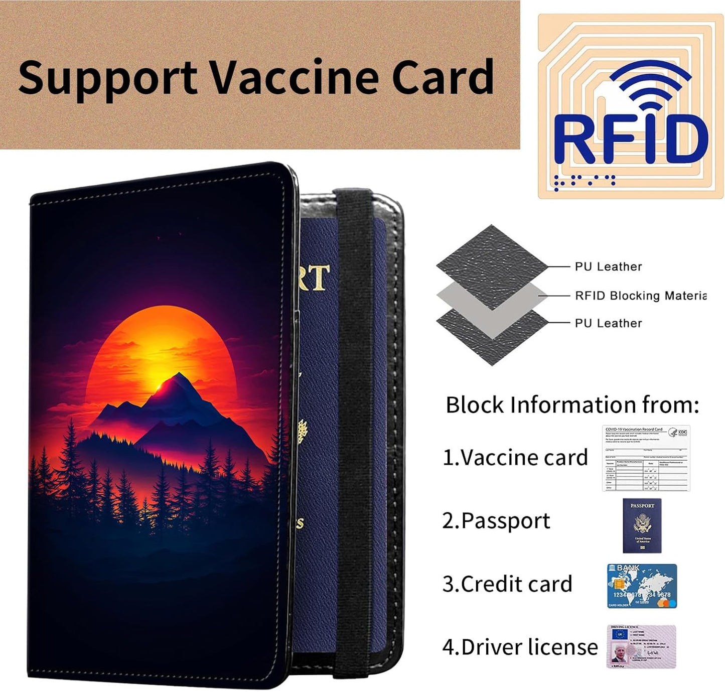 Passport and Vaccine Card Holder Cover Combo,Travel Passport Holder Wallet with RFID Blocking, Leather Vaccine Card Slot Passport Cover Case for Women & Men,Beautifu Sunset and Mountains