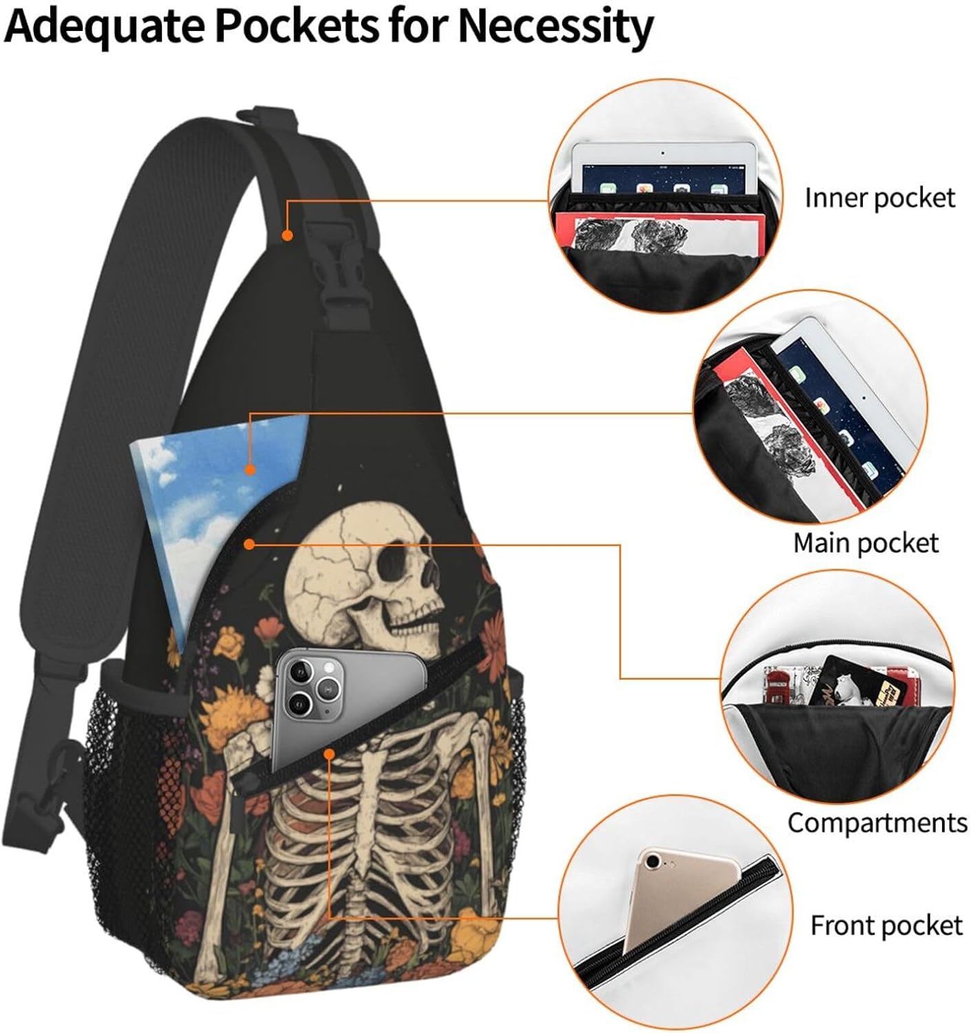 SUPLUCHOM Sling Bag Skeleton Flower Skull Vintage Hiking Daypack Crossbody Shoulder Backpack Travel Chest Pack for Men Women