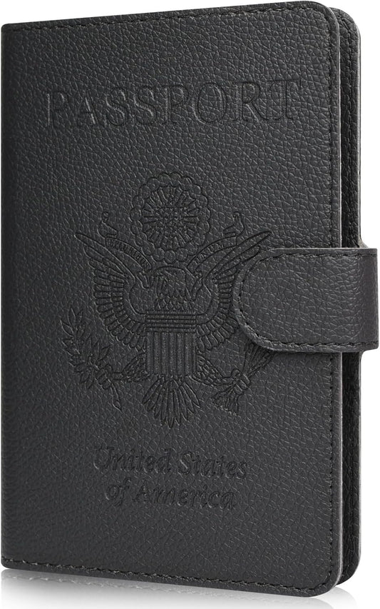 RSAquar Passport Holder for Women and Men, Premium PU Leather Travel Passport Wallet RFID Blocking Passport Cover Travel Documents Organizer (JD-Black)