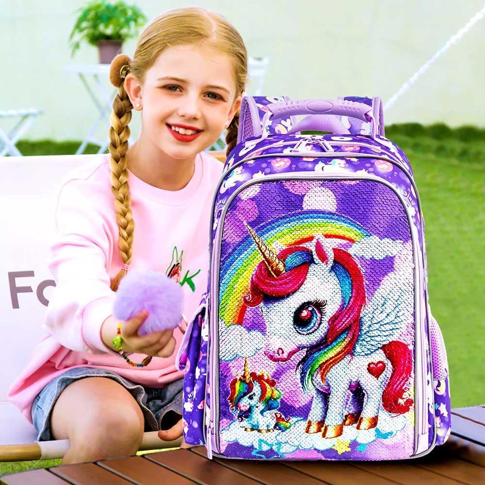 KLFVB 3PCS Cat Uni Dinosaur Backpack for Girls and Boys, 16" Kids Bookbag and Lunch Box, Preschool Backpacks for Elementary