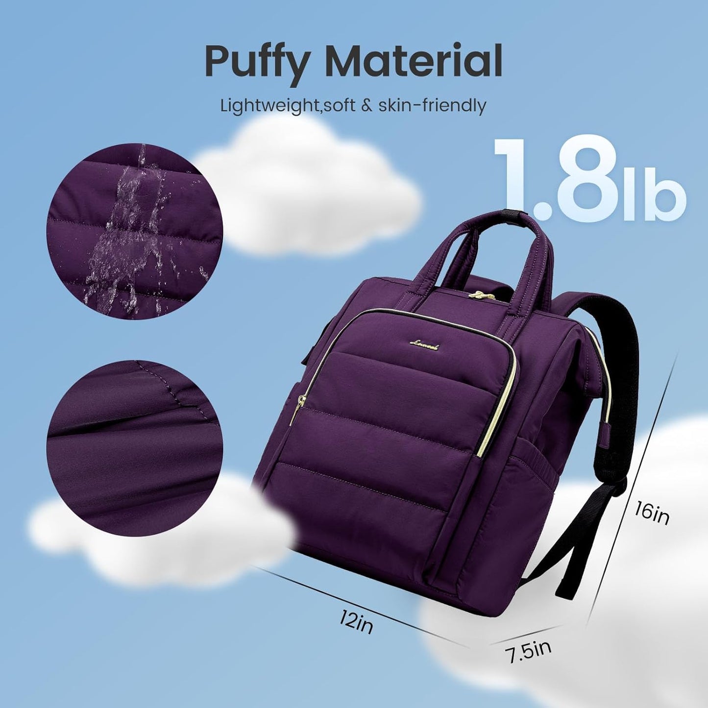 LOVEVOOK Laptop Backpack Women 15.6 inch,Lightweight Puffer Travel Backpacks for Women,Quilted Laptop Bag Computer Work Teacher Nurse Backpack,Womens Backpack Purse for College Business,Dark Purple
