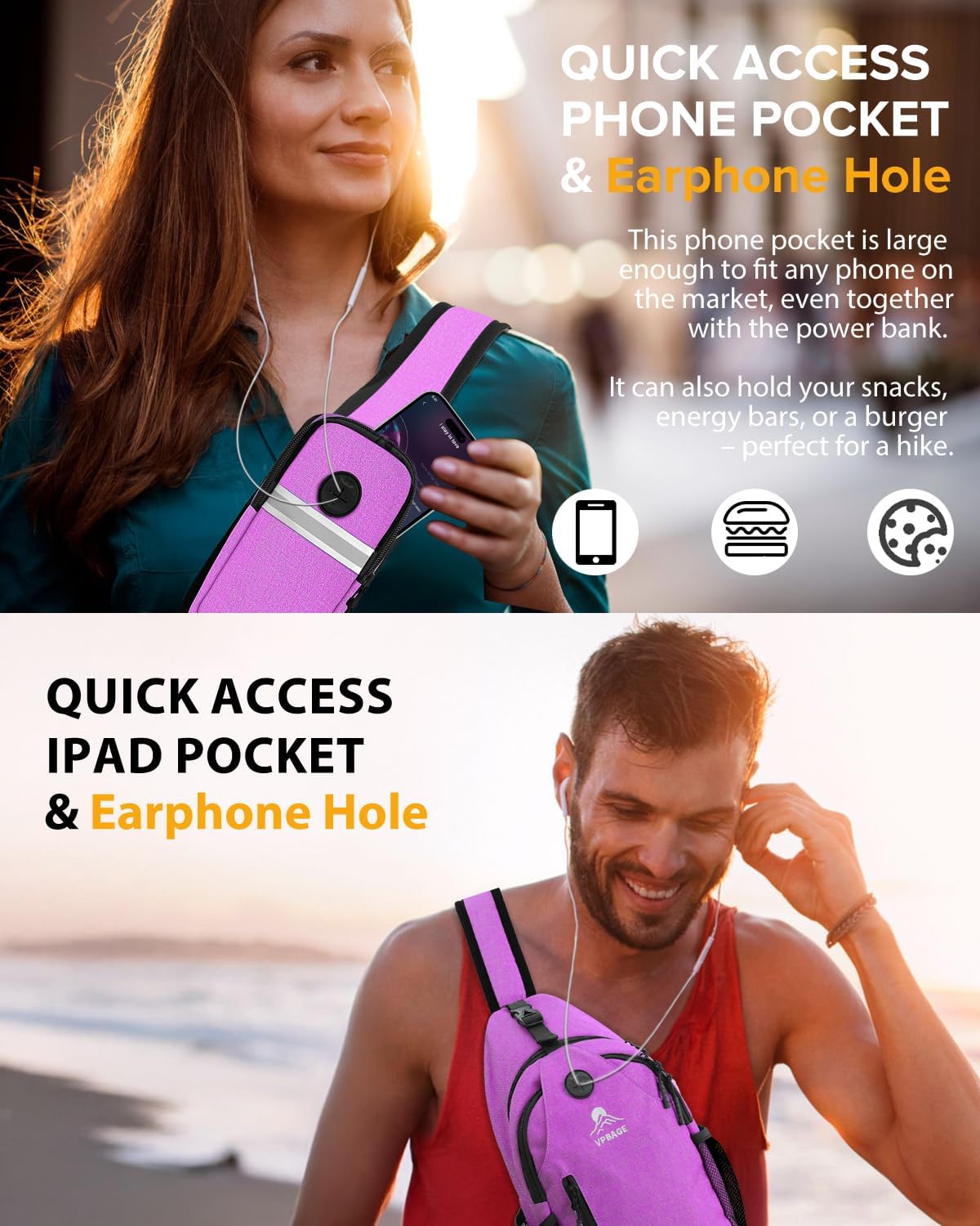 Sling Bag, Crossbody Bag for Men, Cross Body Hiking Backpack, Travel Daypack, Chest Pack with Chest Phone Holder
